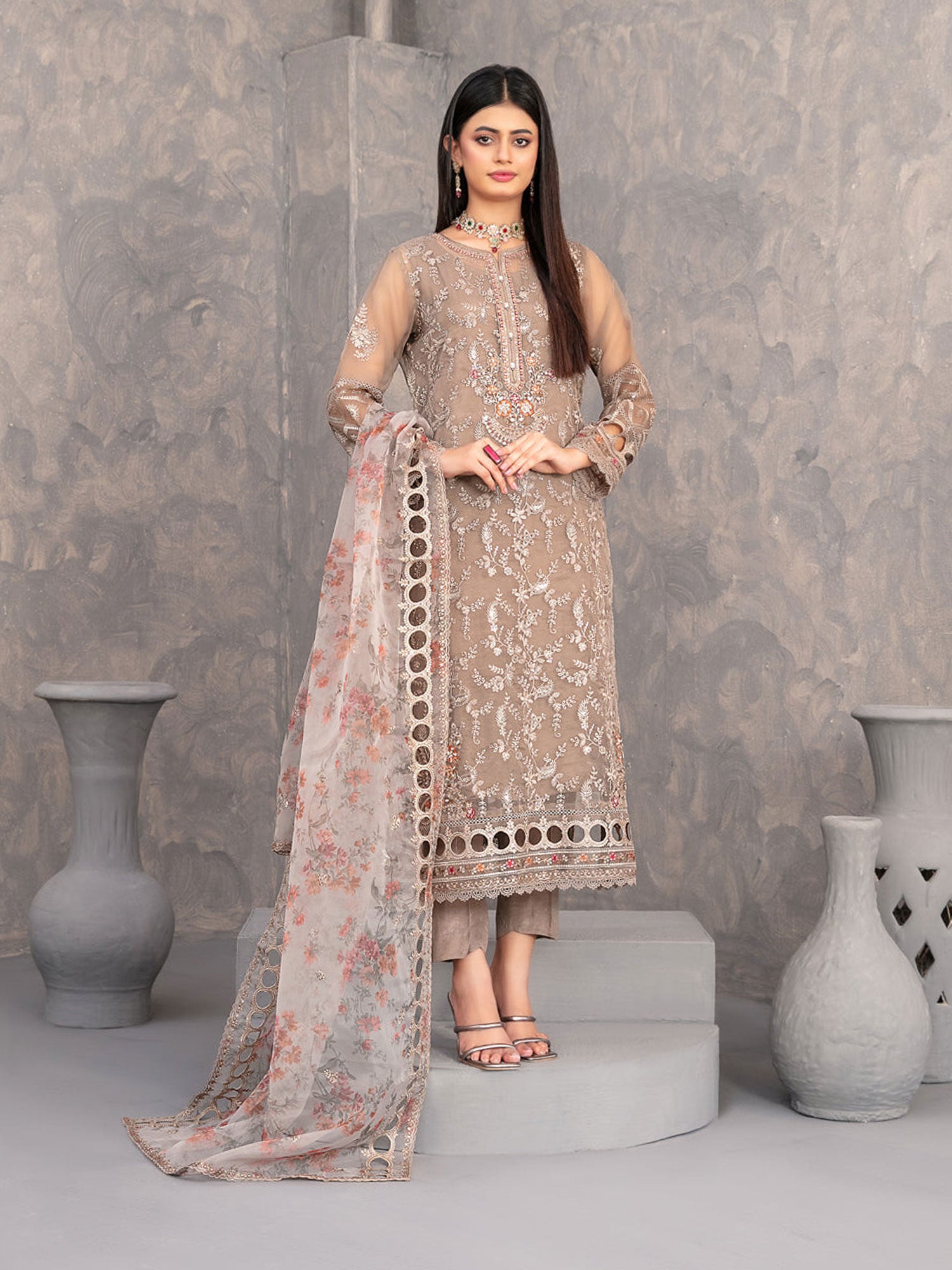 Tawakkal "Dilkash" Heavy Embroidered Organza Suit (D4271) - Brown