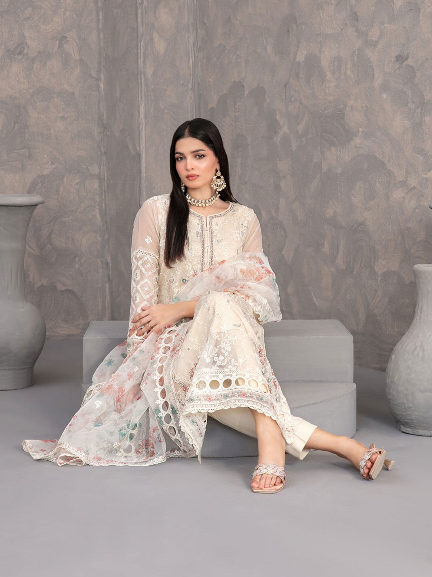 Tawakkal "Dilkash" Heavy Embroidered Organza Suit (D4273) - Light Cream