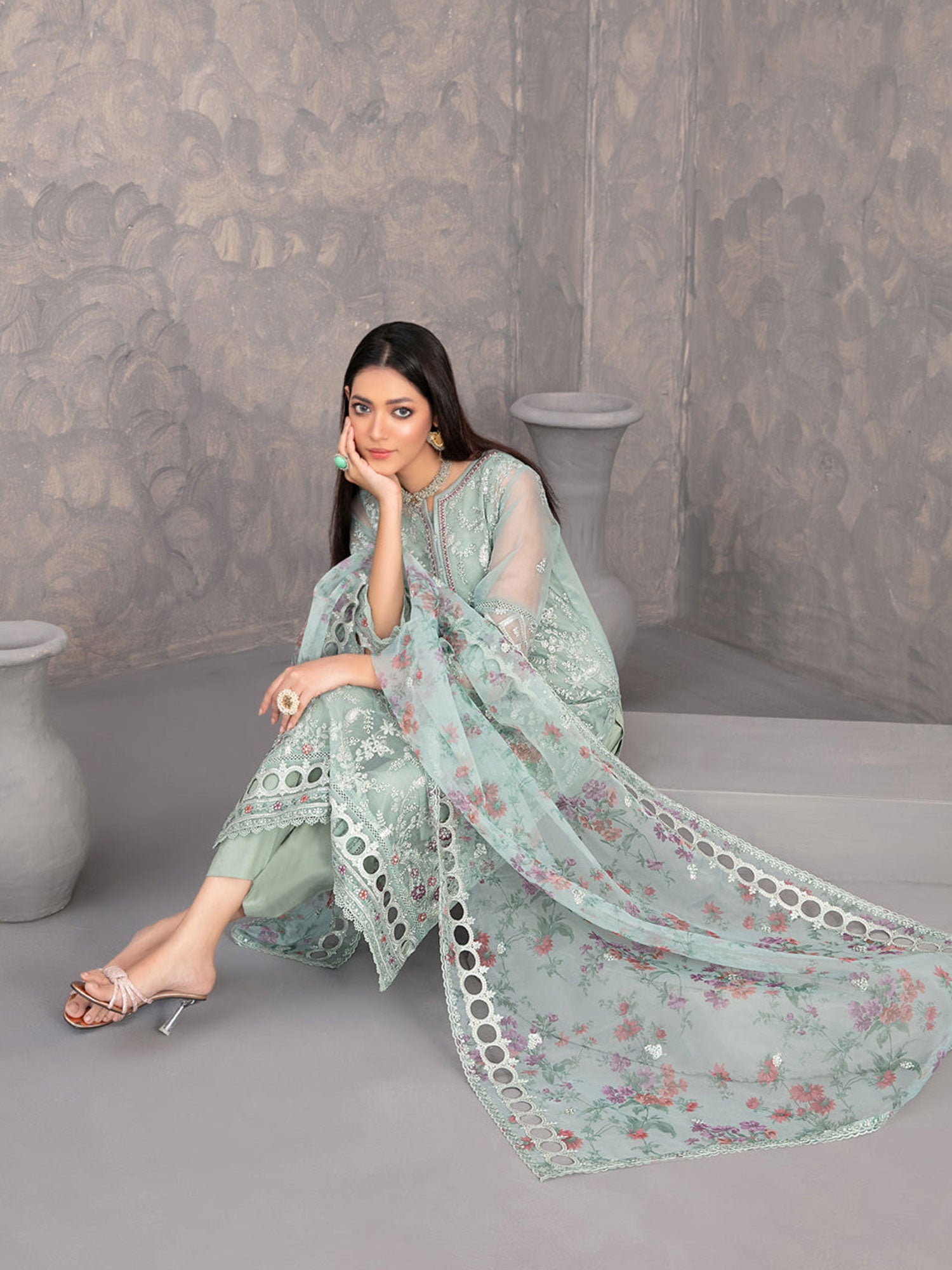 Tawakkal "Dilkash" Heavy Embroidered Organza Suit (D4274) - Mint