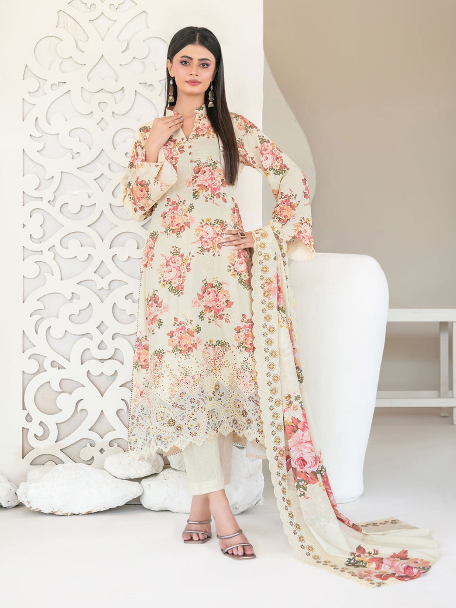 Tawakkal "Muskaan" Schiffli Embroidered Staple Linen Suit (D4417) - Cream