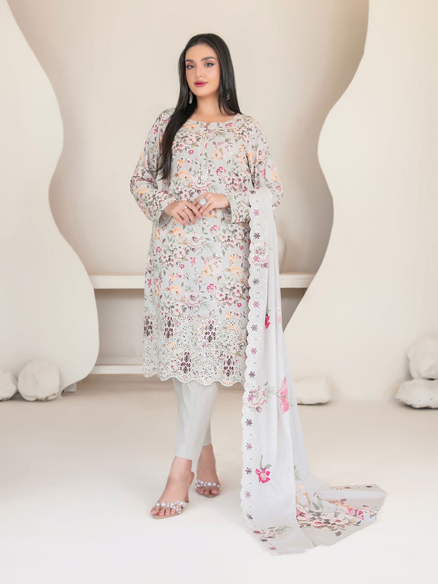 Tawakkal "Muskaan" Schiffli Embroidered Staple Linen Suit (D4418) - Grey