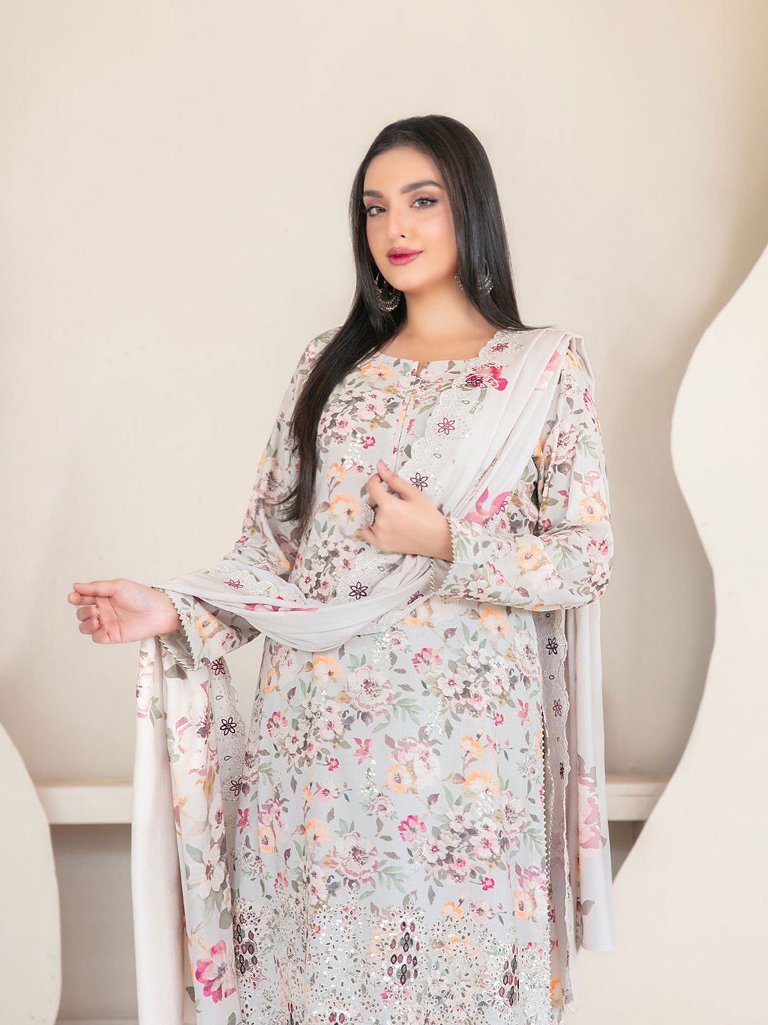 Tawakkal "Muskaan" Schiffli Embroidered Staple Linen Suit (D4418) - Grey