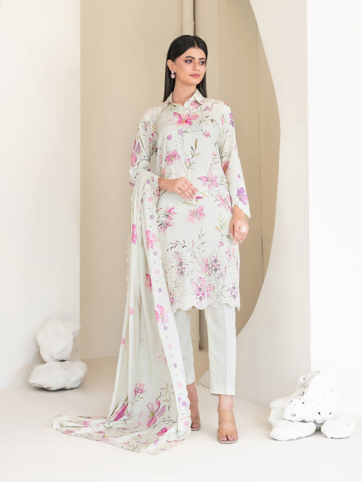 Tawakkal "Muskaan" Schiffli Embroidered Staple Linen Suit (D4419) - Off-White