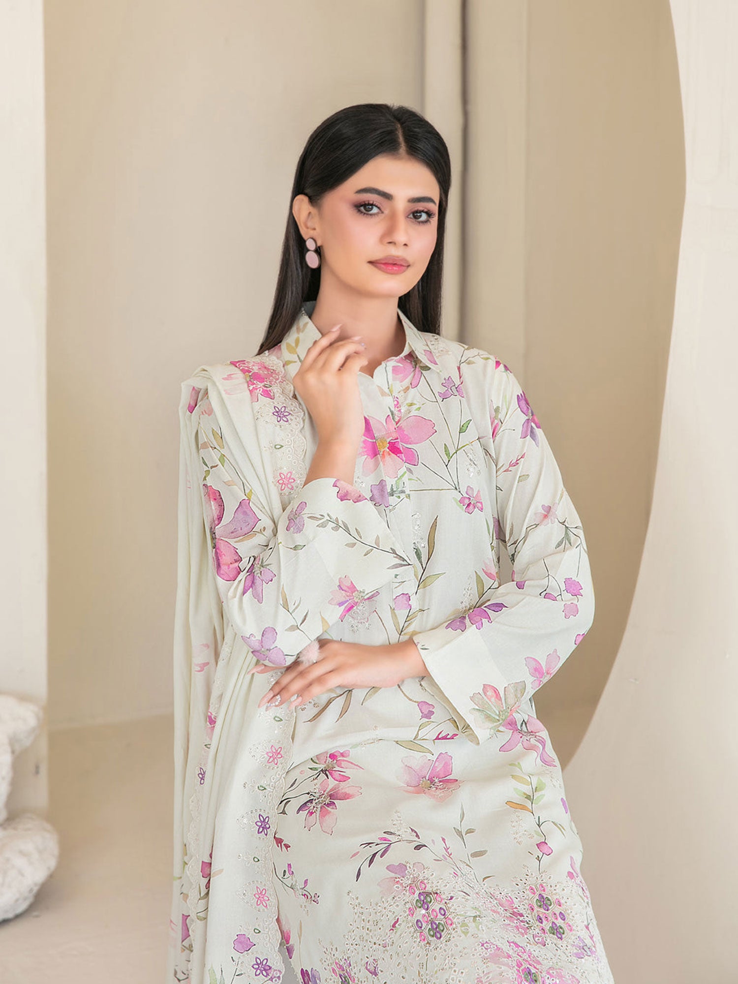 Tawakkal "Muskaan" Schiffli Embroidered Staple Linen Suit (D4419) - Off-White