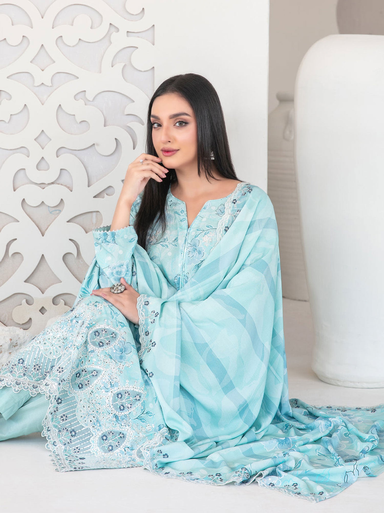 Tawakkal "Muskaan" Schiffli Embroidered Staple Linen Suit (D4420) - Aqua Blue