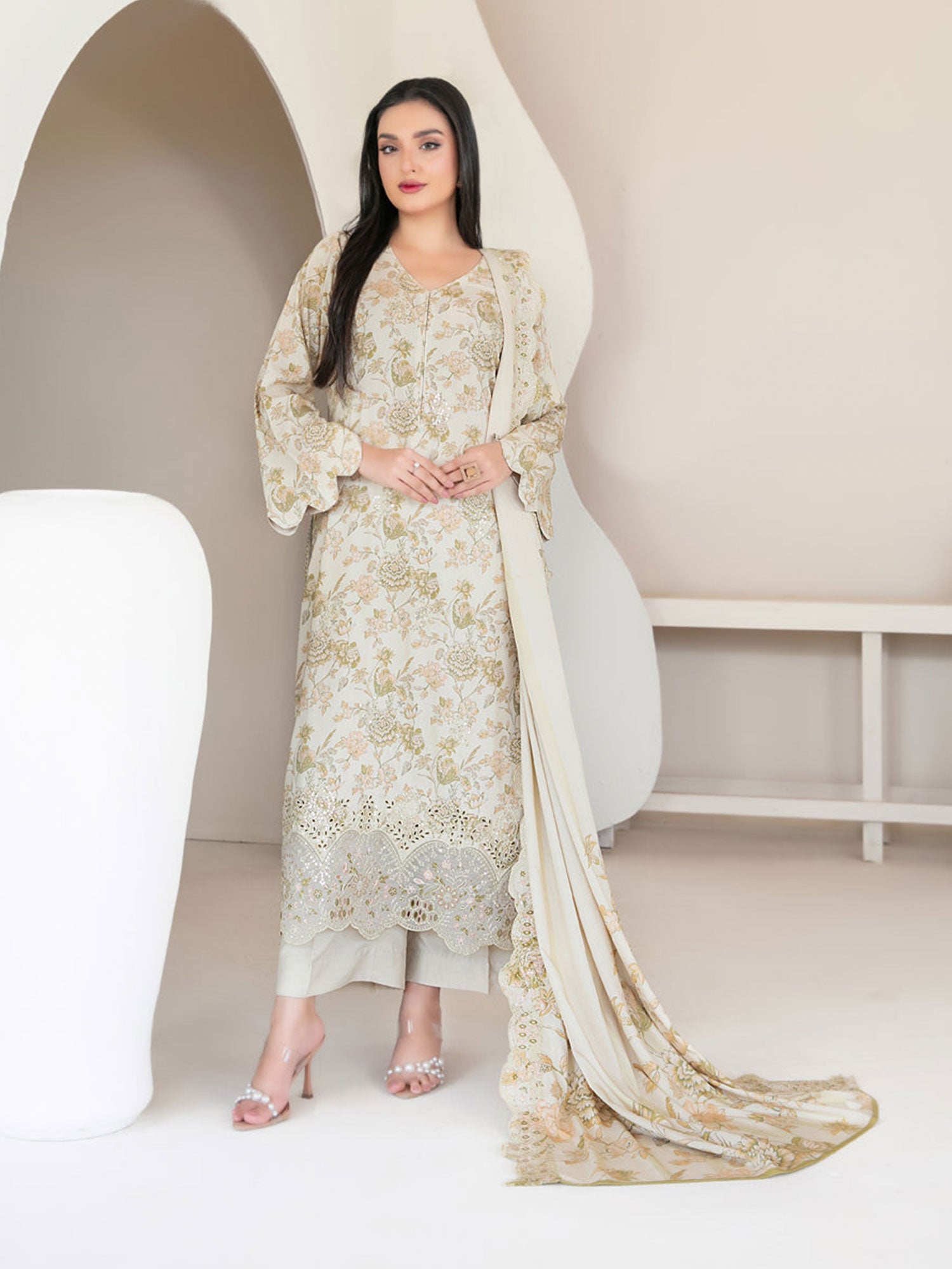Tawakkal "Muskaan" Schiffli Embroidered Staple Linen Suit (D4421) - Beige