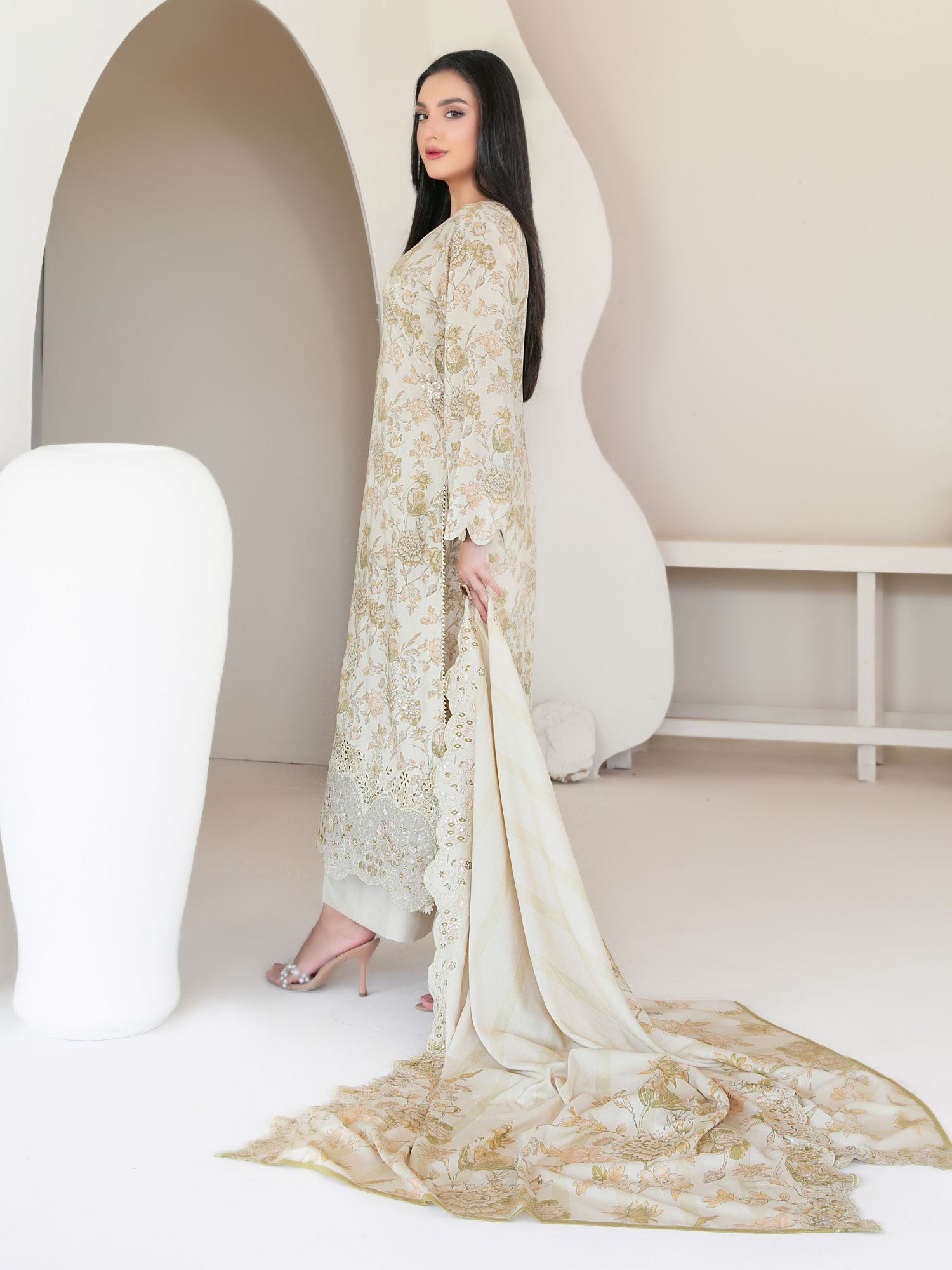 Tawakkal "Muskaan" Schiffli Embroidered Staple Linen Suit (D4421) - Beige