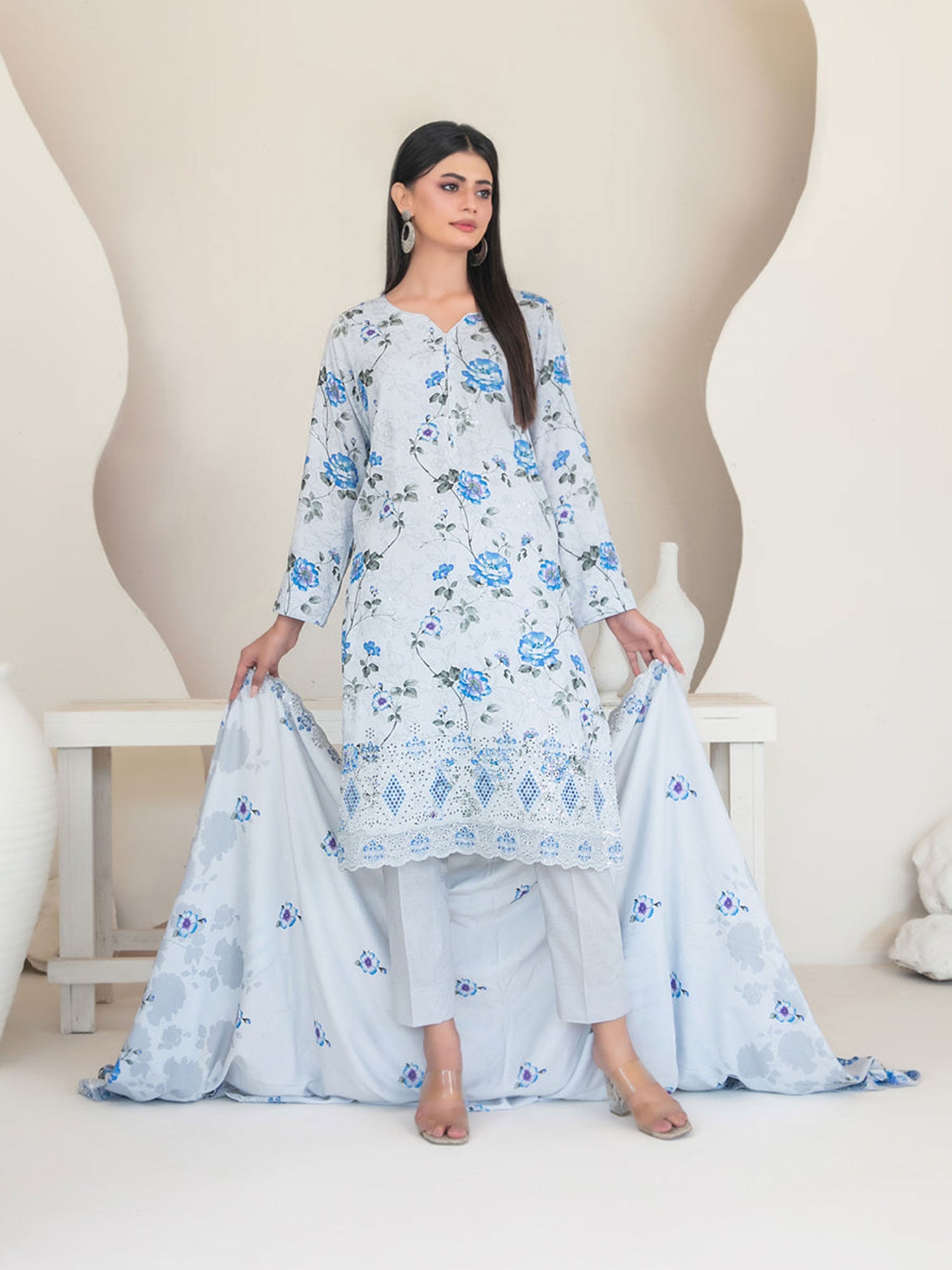 Tawakkal "Muskaan" Schiffli Embroidered Staple Linen Suit (D4422) - Ice Blue