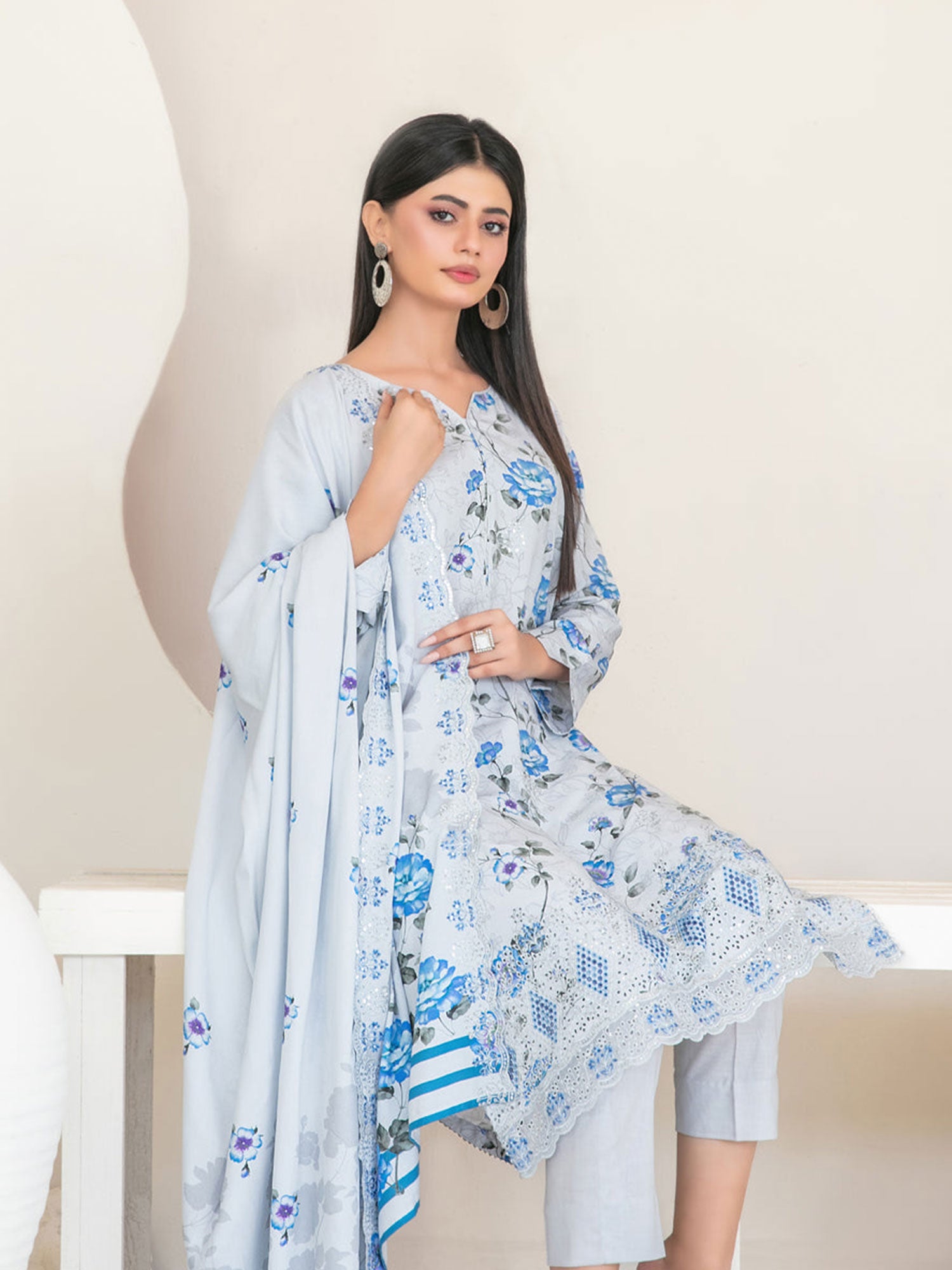 Tawakkal "Muskaan" Schiffli Embroidered Staple Linen Suit (D4422) - Ice Blue