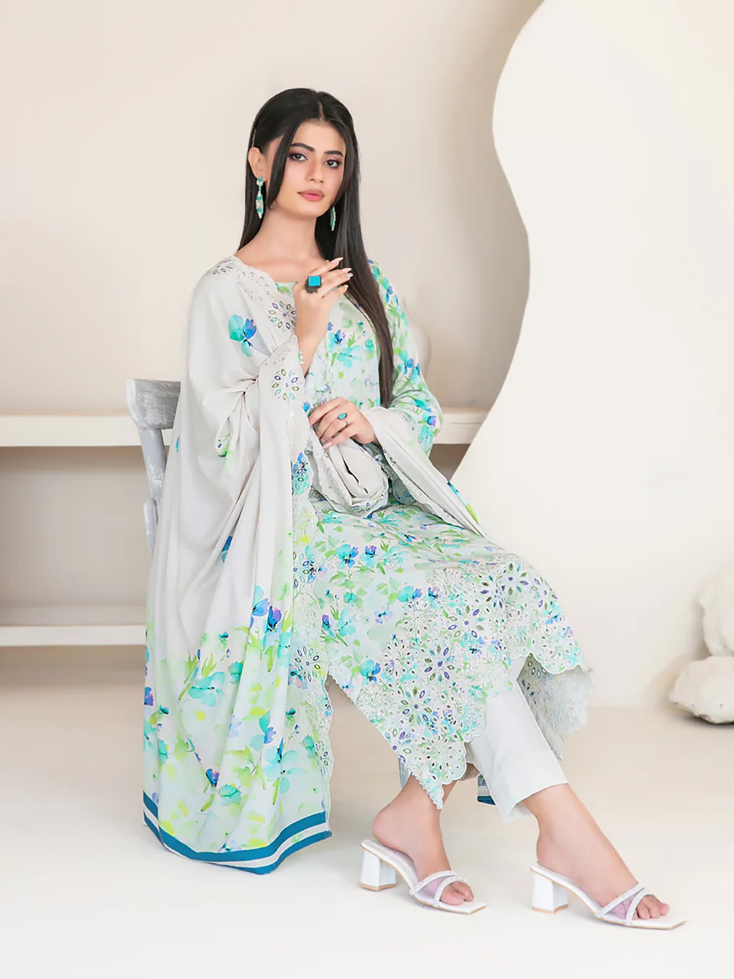 Tawakkal "Muskaan" Schiffli Embroidered Staple Linen Suit (D4423) - Aqua