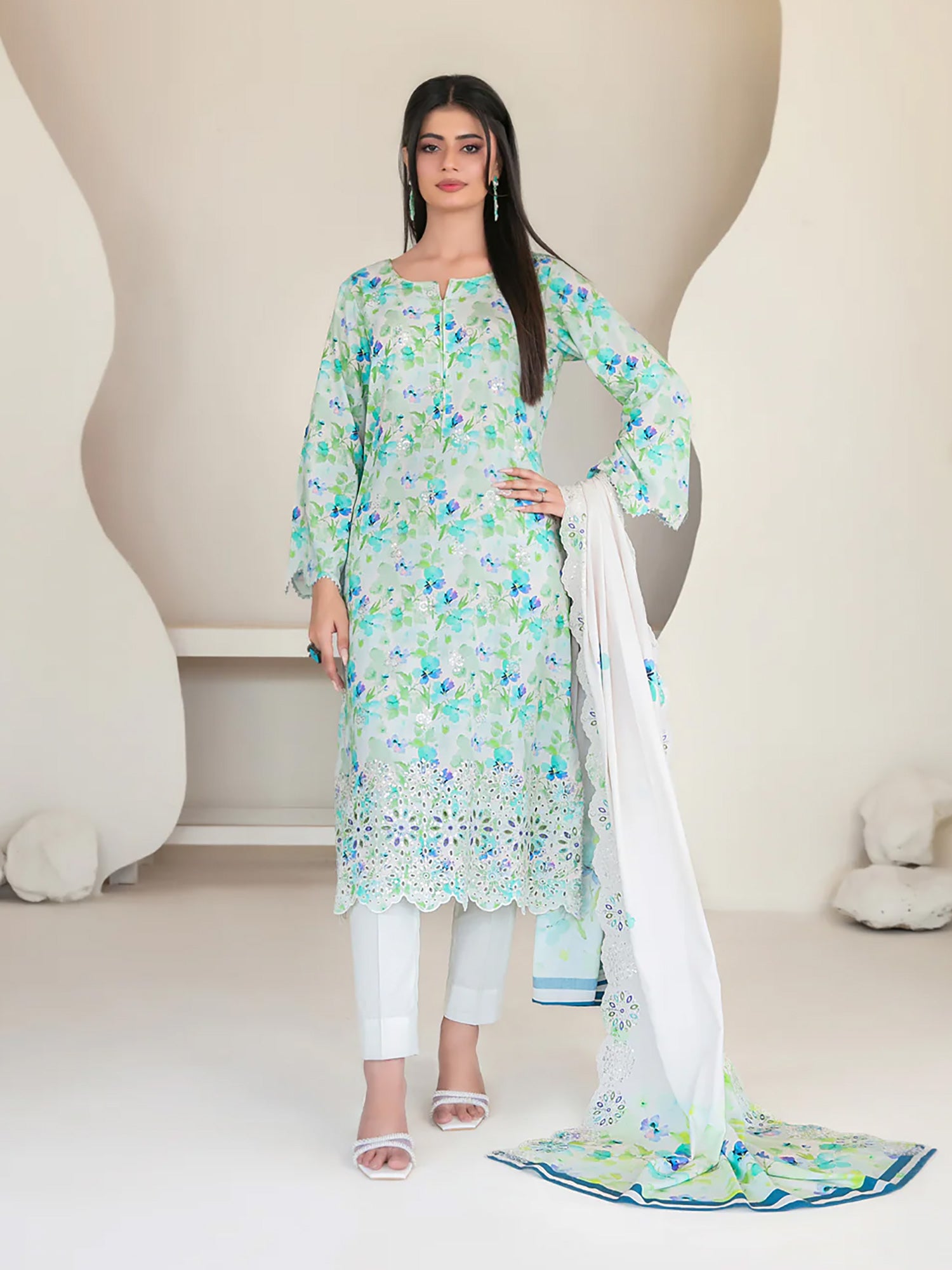 Tawakkal "Muskaan" Schiffli Embroidered Staple Linen Suit (D4423) - Aqua