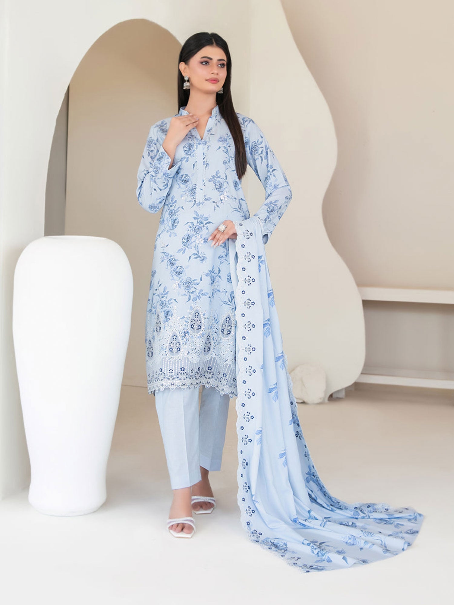 Tawakkal "Muskaan" Schiffli Embroidered Staple Linen Suit (D4424) - Light Blue