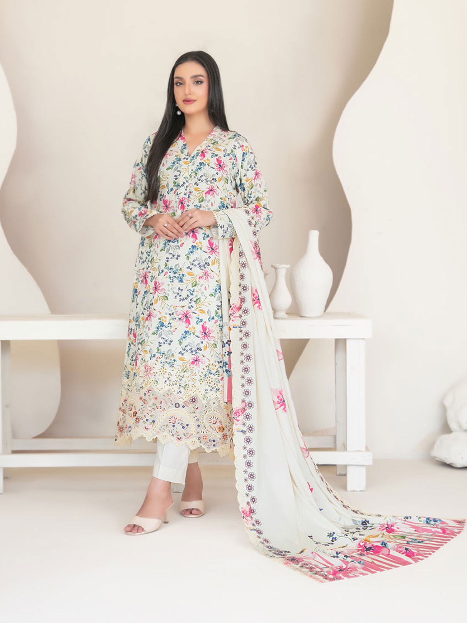 Tawakkal "Muskaan" Schiffli Embroidered Staple Linen Suit (D4425) - Cream