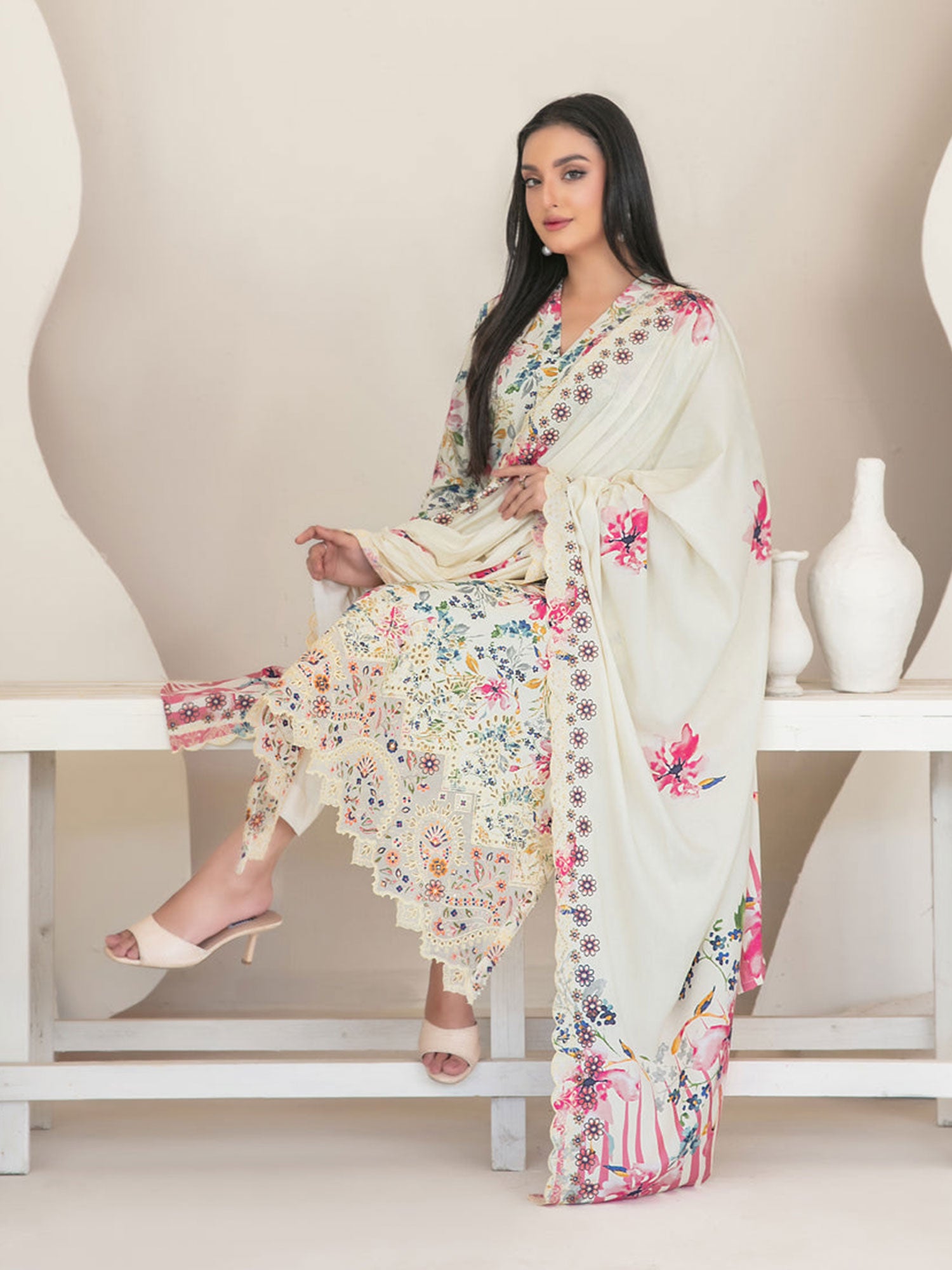 Tawakkal "Muskaan" Schiffli Embroidered Staple Linen Suit (D4425) - Cream