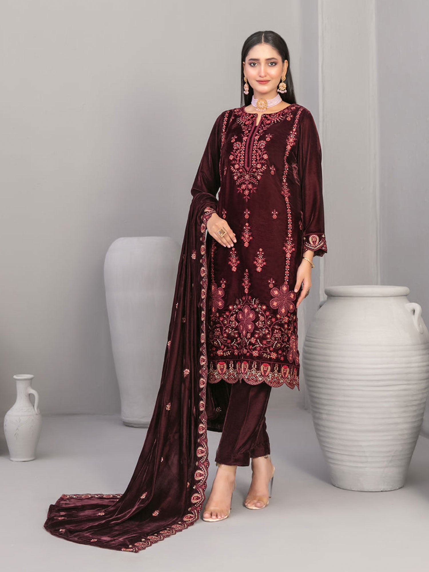 Tawakkal "Velvora" Luxury Velvet 3-Piece Suit (D4921) - Maroon