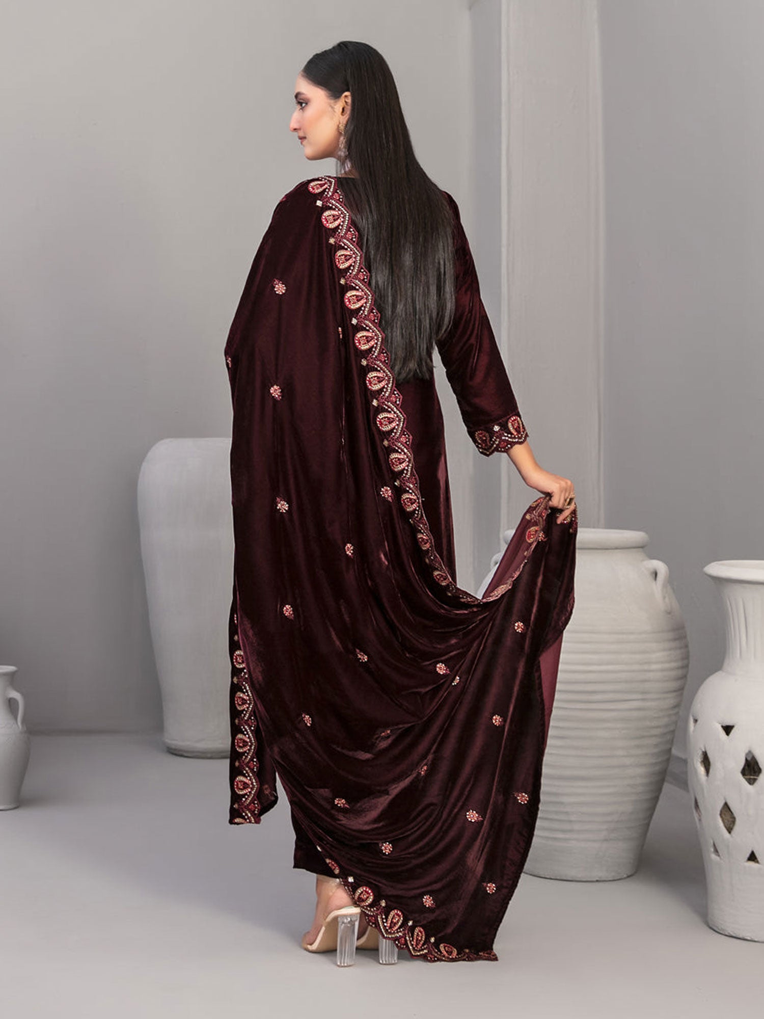 Tawakkal "Velvora" Luxury Velvet 3-Piece Suit (D4921) - Maroon