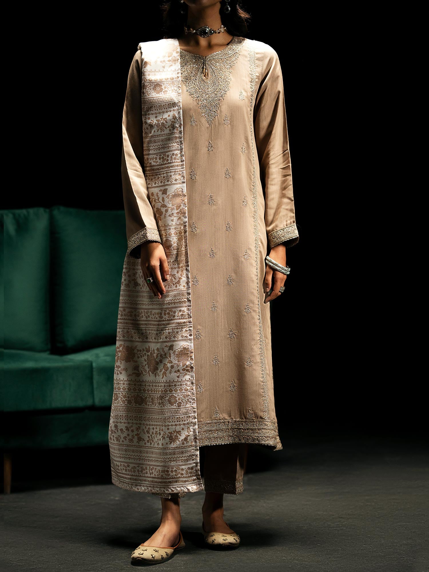 Casual Lite "Boutique" Embroidered Luxury Viscose Suit - Beige