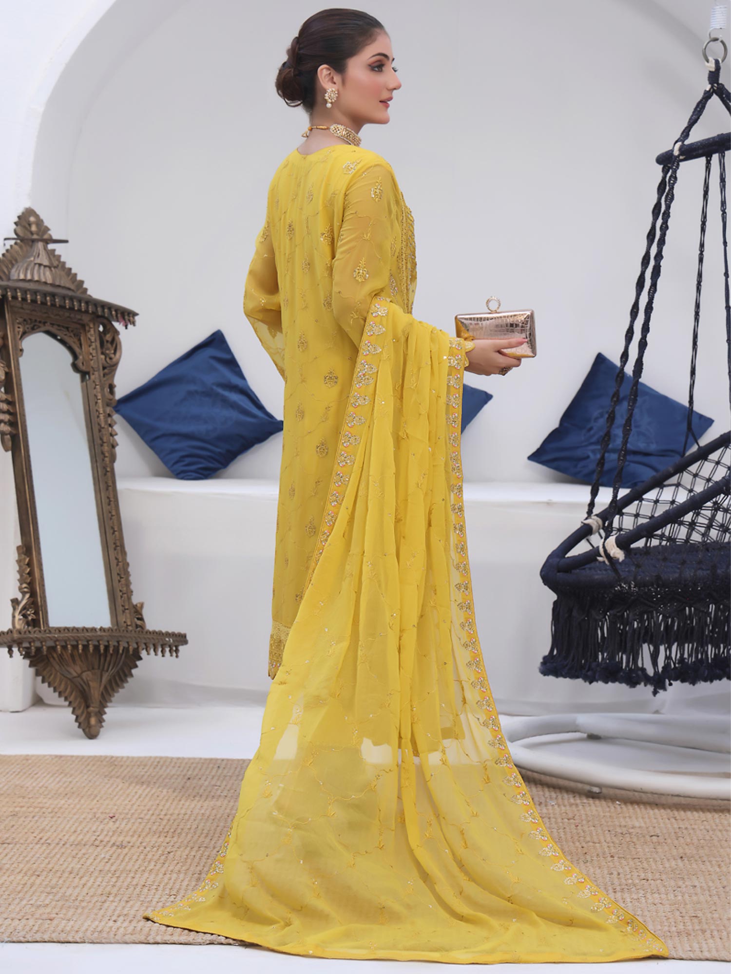 Wardah Uzair Luxury Pret Embroidered Chiffon Suit - Mustard