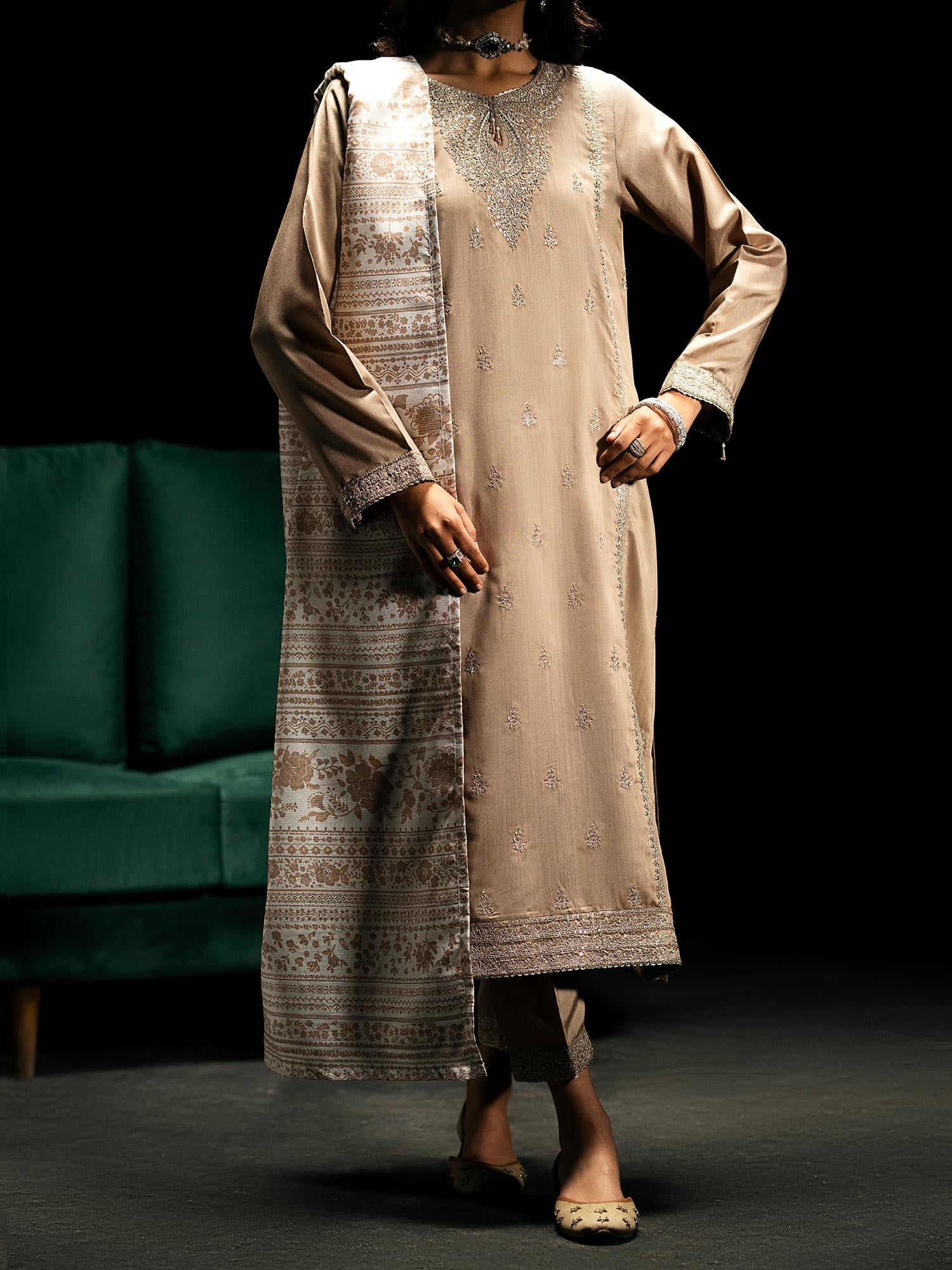 Casual Lite "Boutique" Embroidered Luxury Viscose Suit - Beige