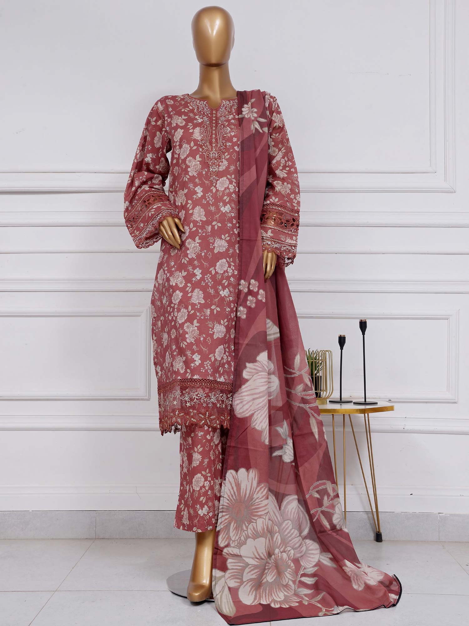 Sadabahar "Raya" Embroidered Lawn 3-Piece Suit - Dusky Pink