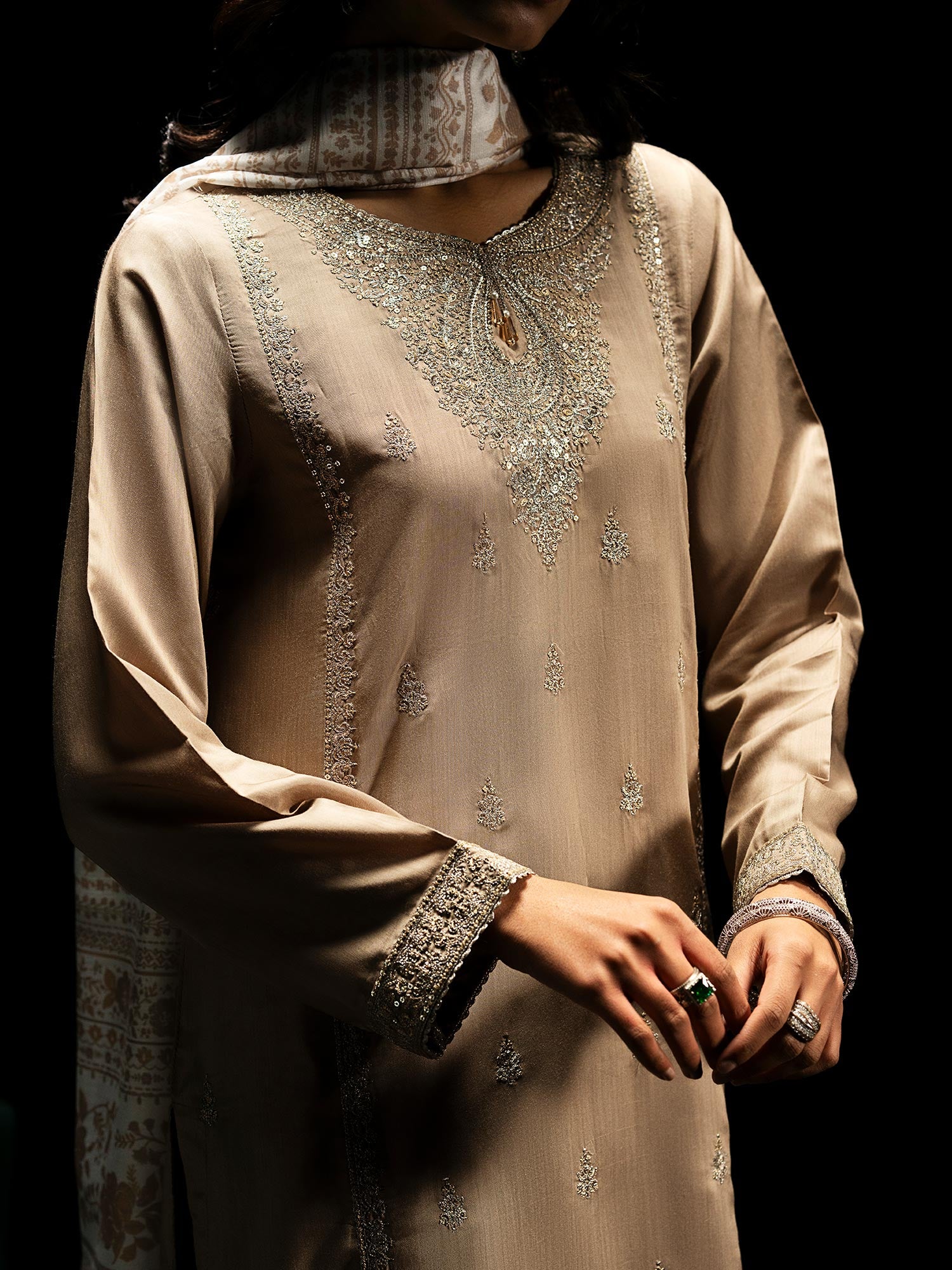 Casual Lite "Boutique" Embroidered Luxury Viscose Suit - Beige