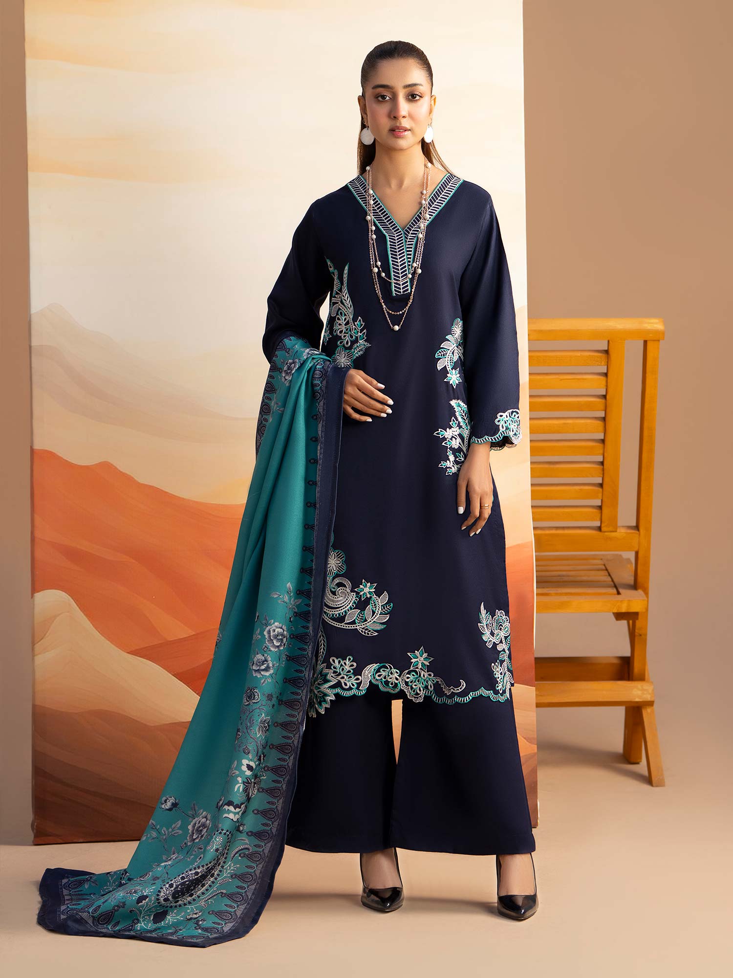 Raniya.H "Aura" Embroidered Winter Dhanak Suit - Navy-Blue