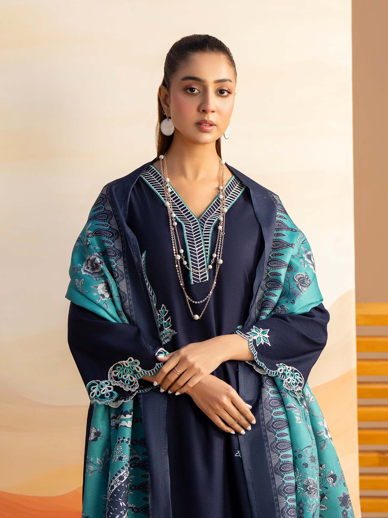Raniya.H "Aura" Embroidered Winter Dhanak Suit - Navy-Blue