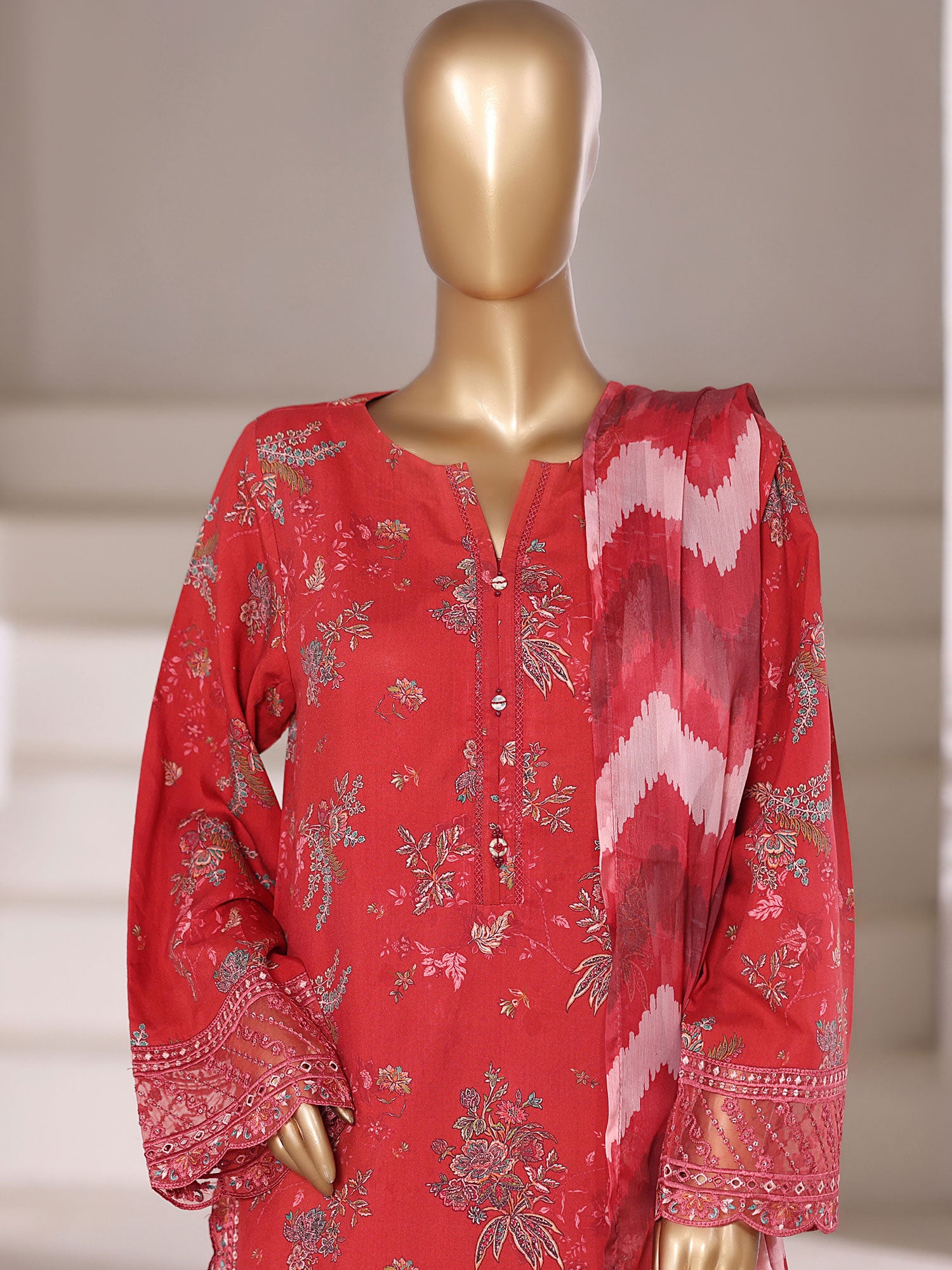 Sadabahar "Malika" Embroidered Viscose 3-Piece Suit - Red