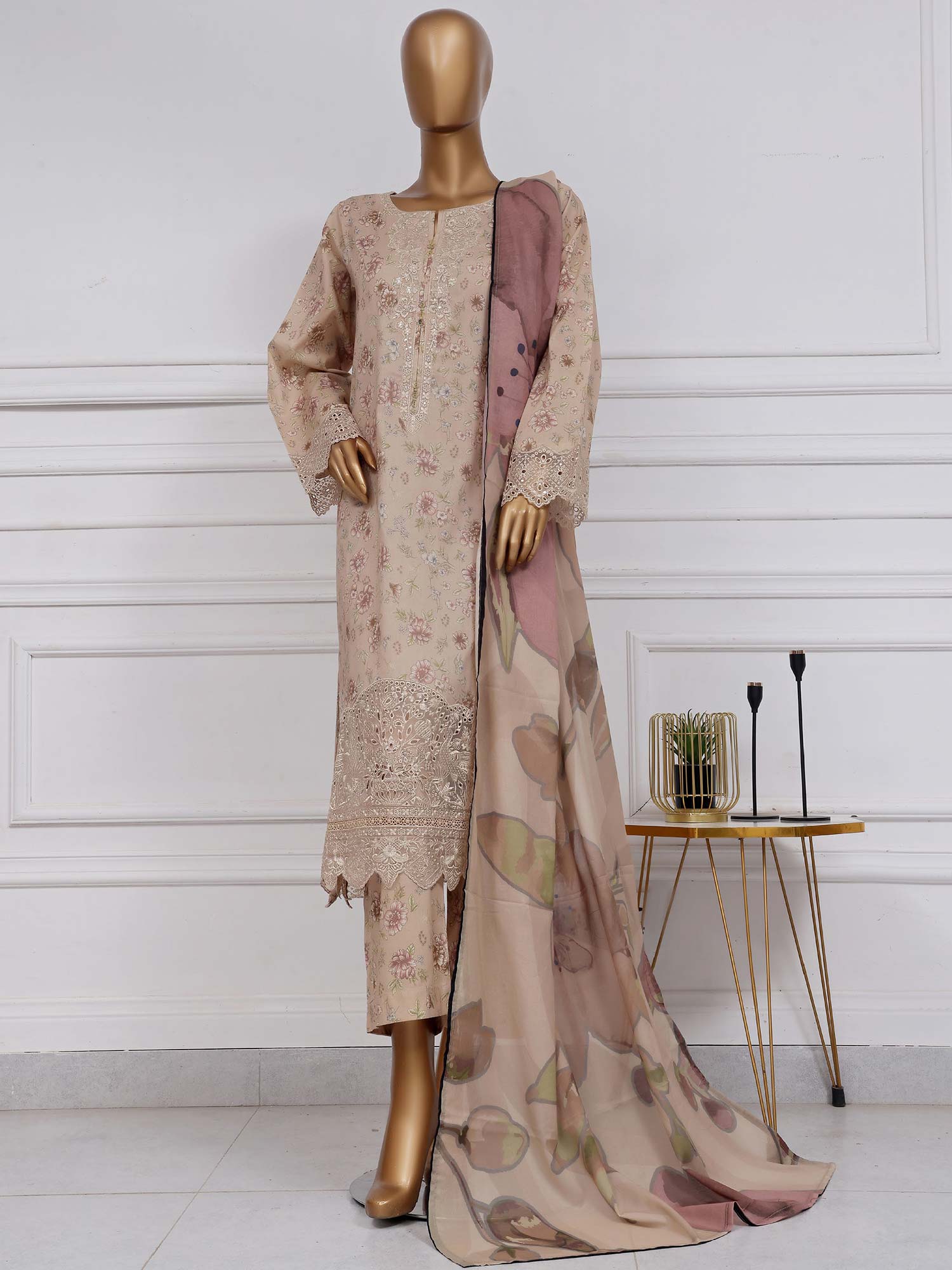 Sadabahar "Raya" Embroidered Lawn 3-Piece Suit - Beige