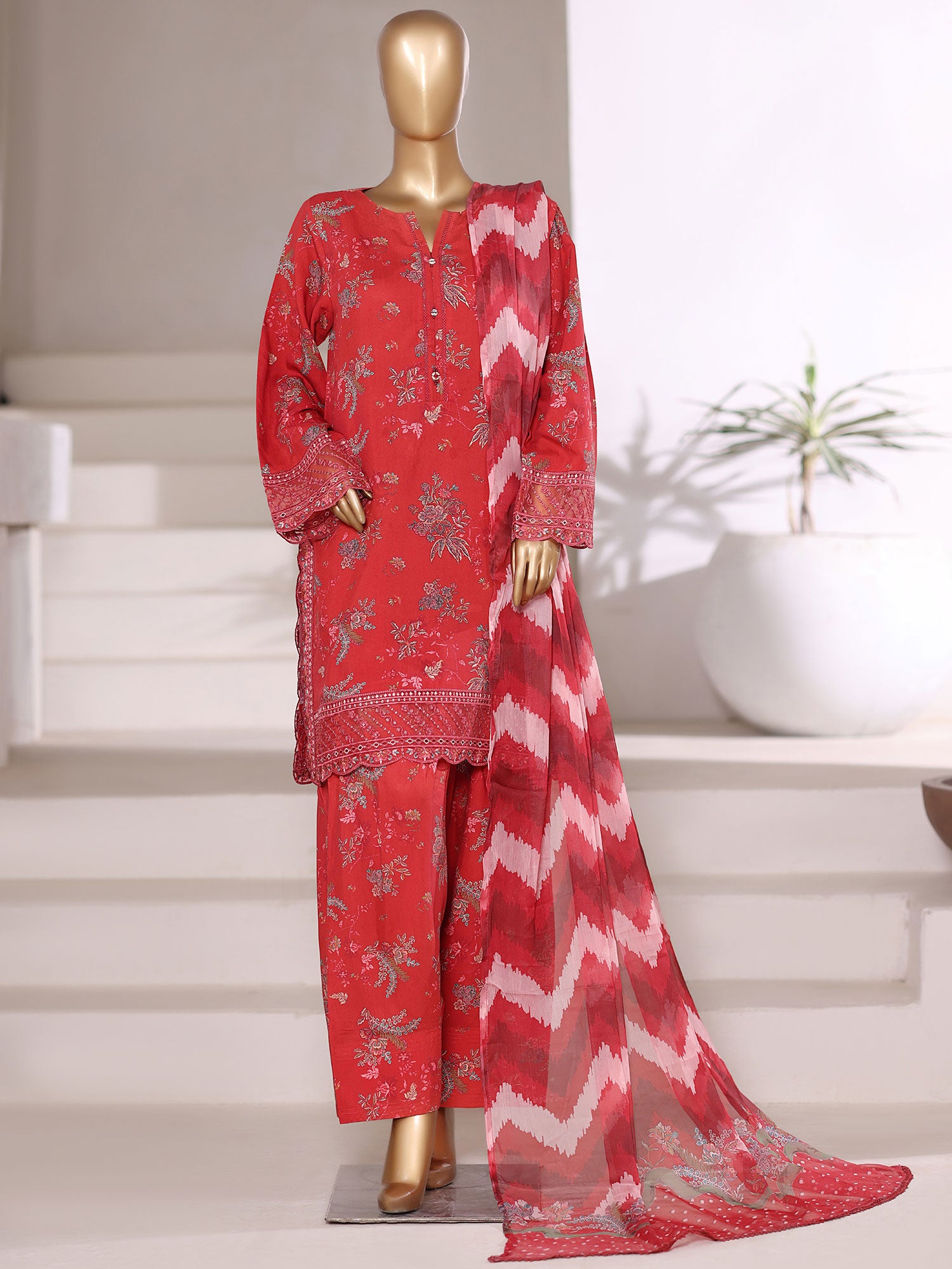 Sadabahar "Malika" Embroidered Viscose 3-Piece Suit - Red