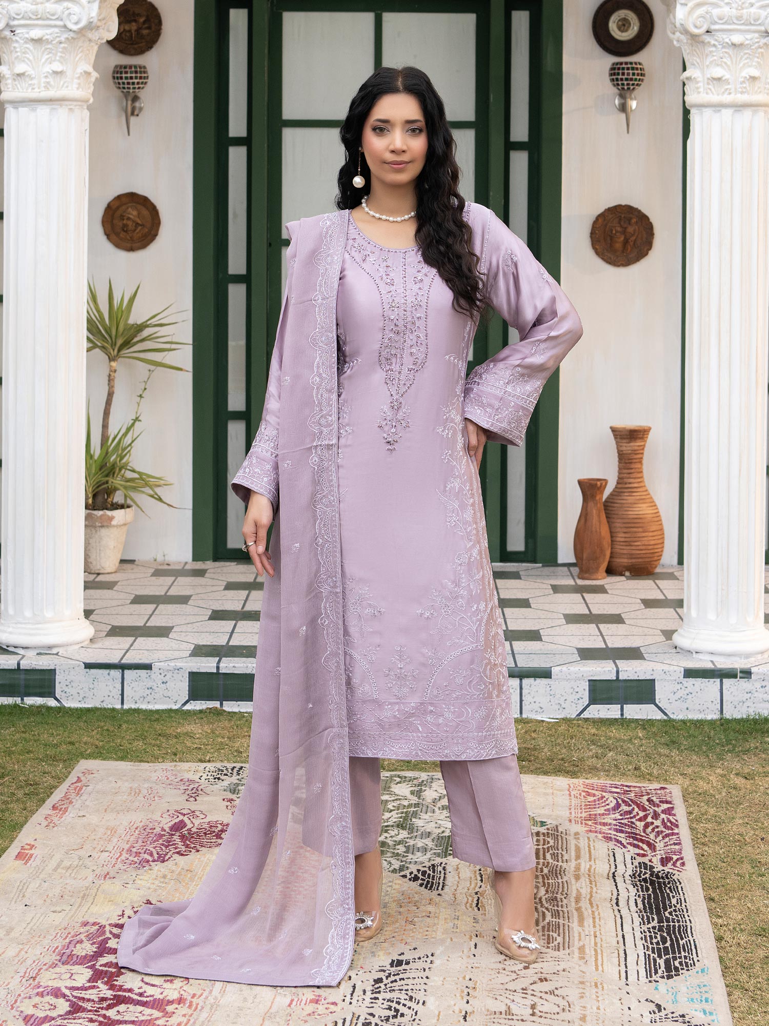 Lilac Embellished Luxury Silk Suit