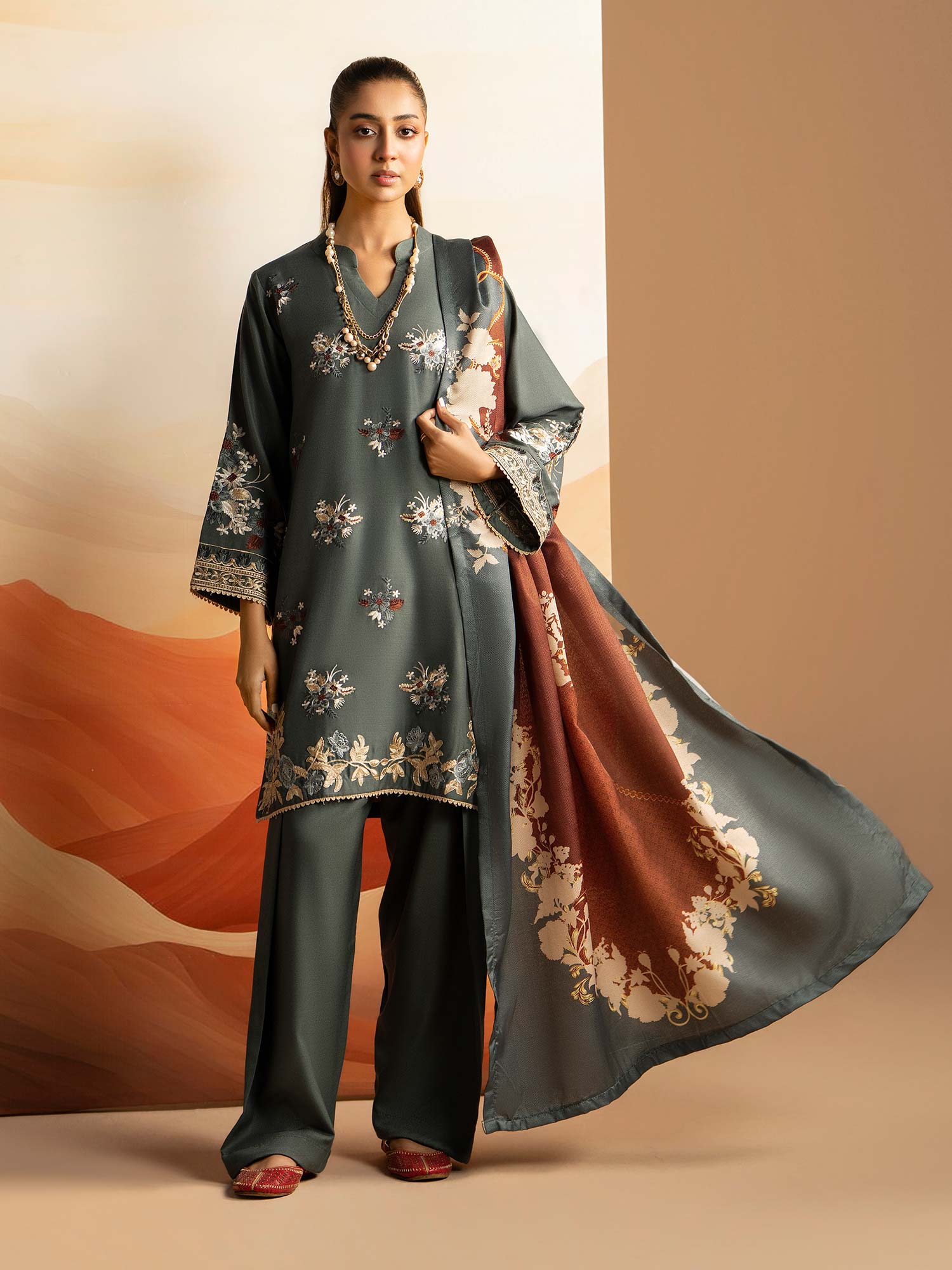 Raniya.H "Aura" Embroidered Winter Dhanak Suit - Slate-Grey