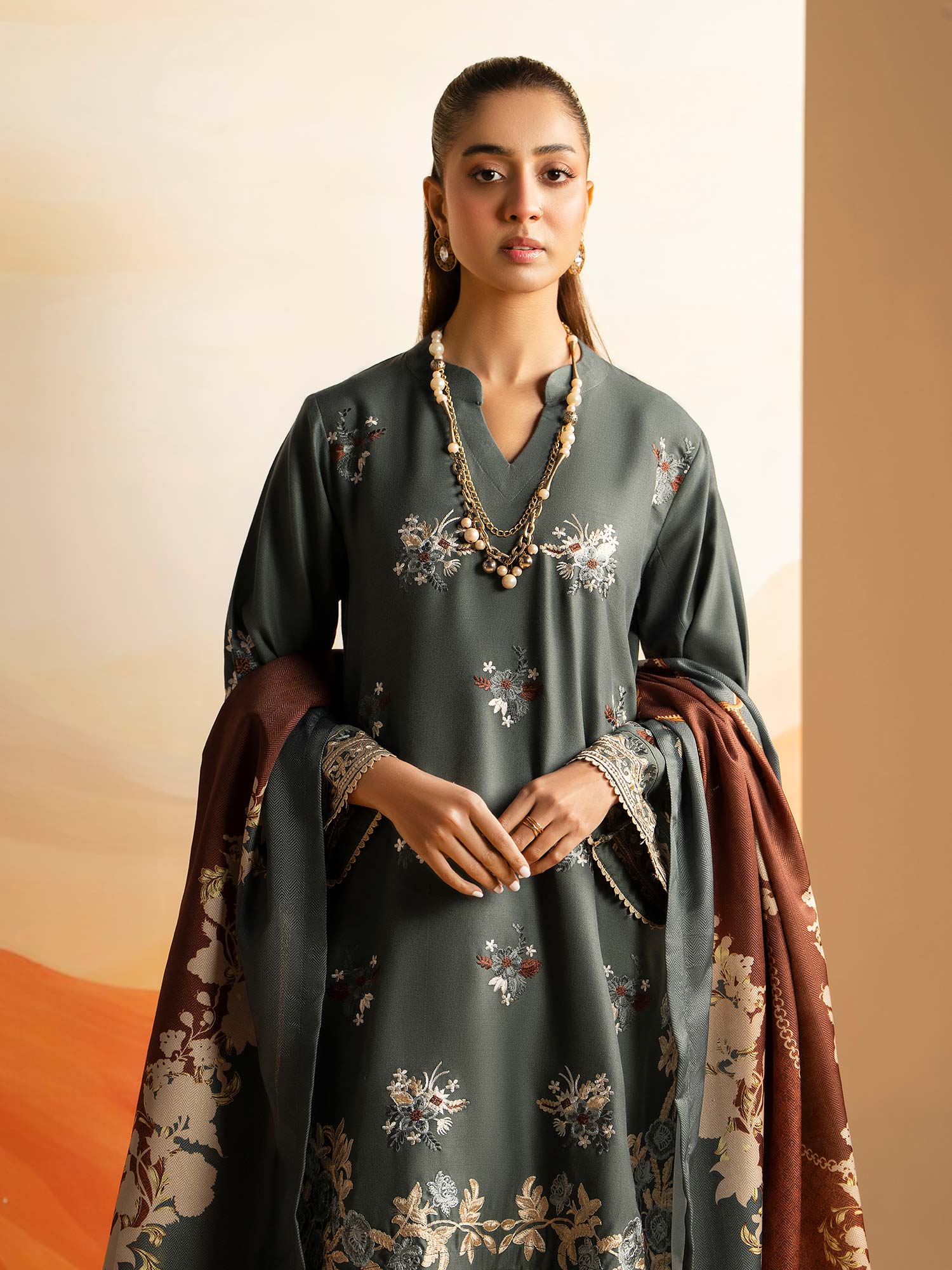Raniya.H "Aura" Embroidered Winter Dhanak Suit - Slate-Grey