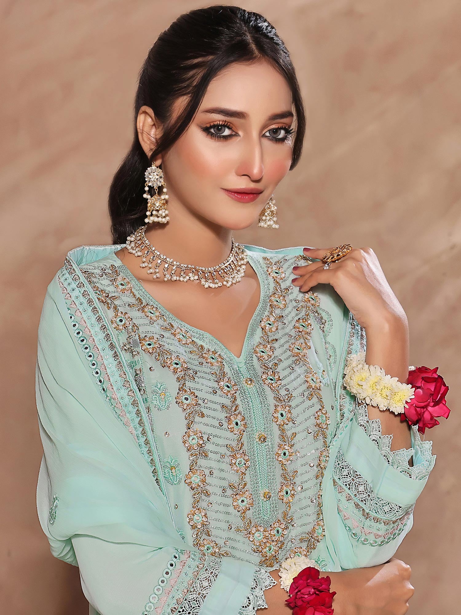 Wardah Uzair Luxury Pret Embroidered Chiffon Gharara Suit - Mint