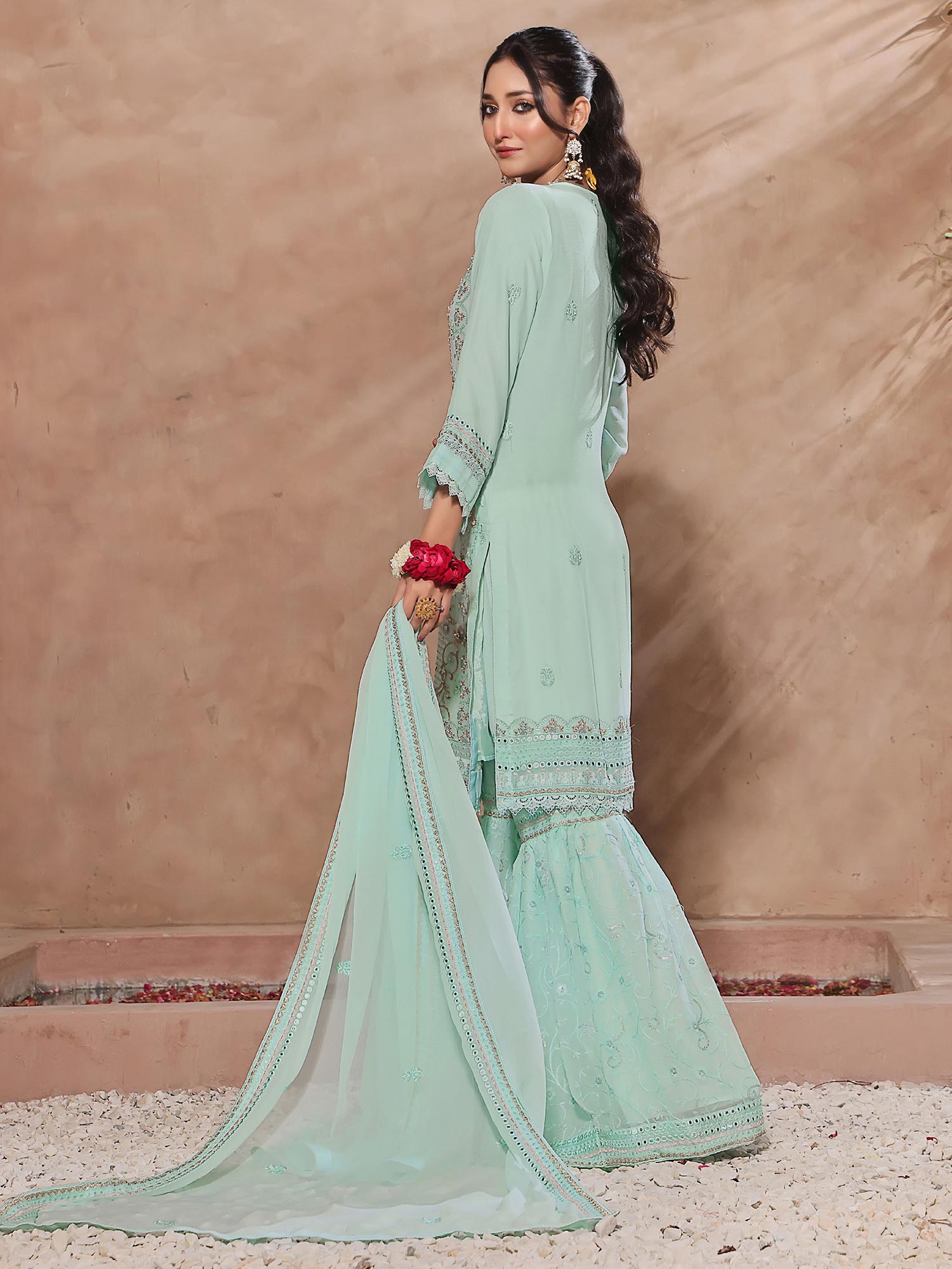 Wardah Uzair Luxury Pret Embroidered Chiffon Gharara Suit - Mint