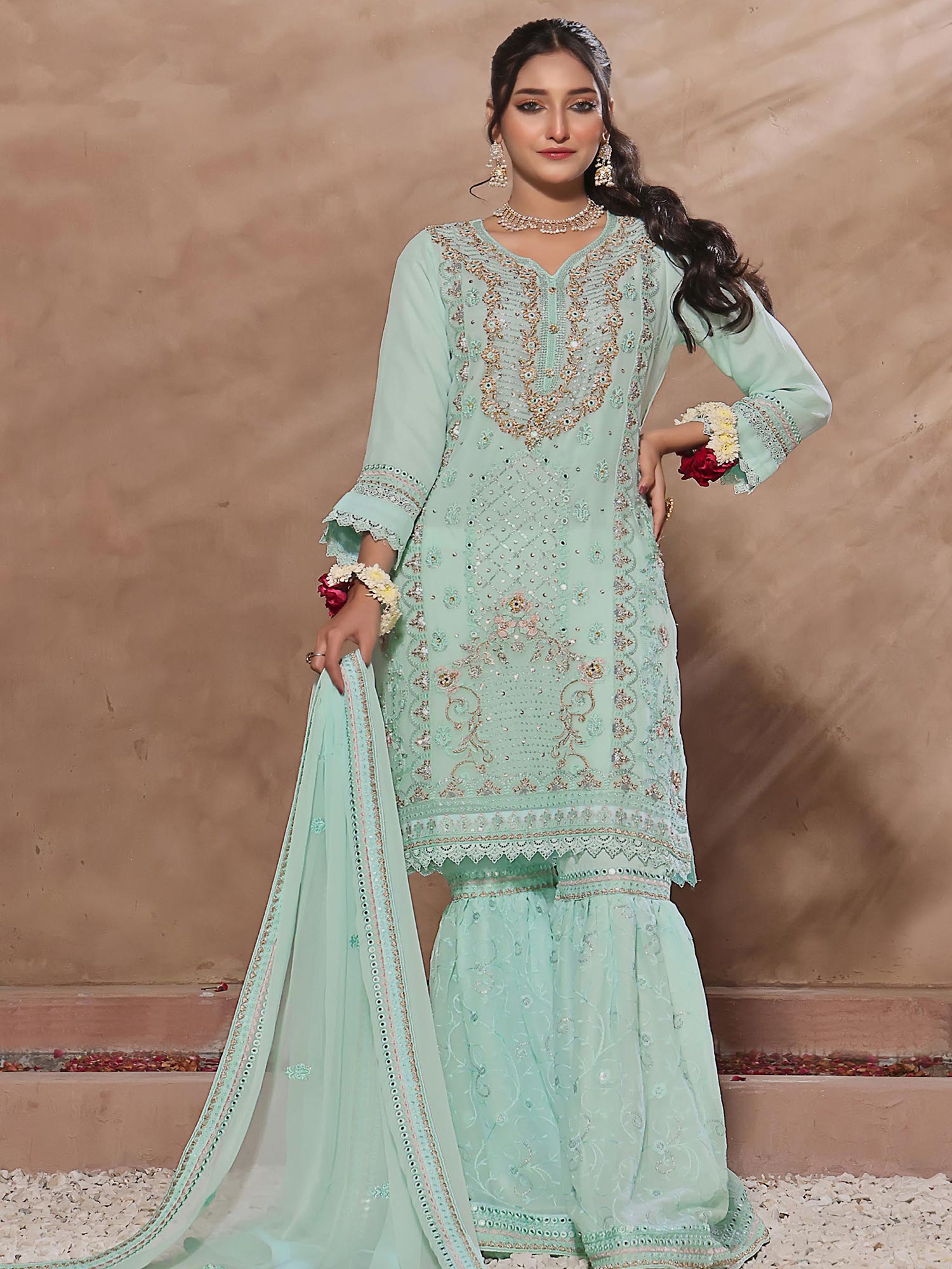 Wardah Uzair Luxury Pret Embroidered Chiffon Gharara Suit - Mint