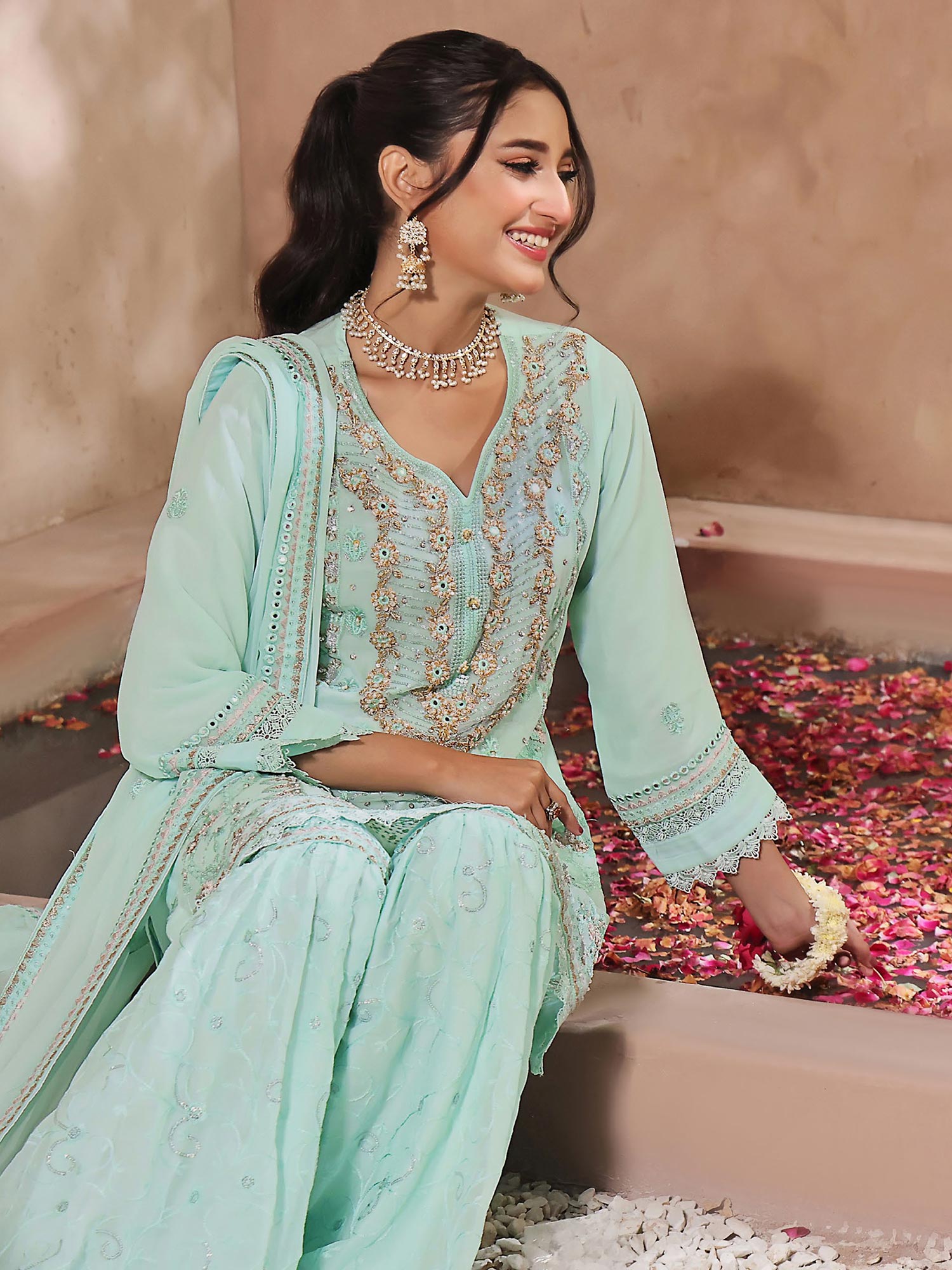 Wardah Uzair Luxury Pret Embroidered Chiffon Gharara Suit - Mint
