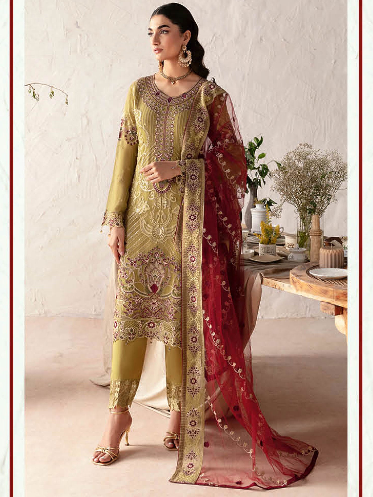 Ramsha "Rangoon" Luxury Chiffon 3-Piece Suit - Mehndi (D1203)
