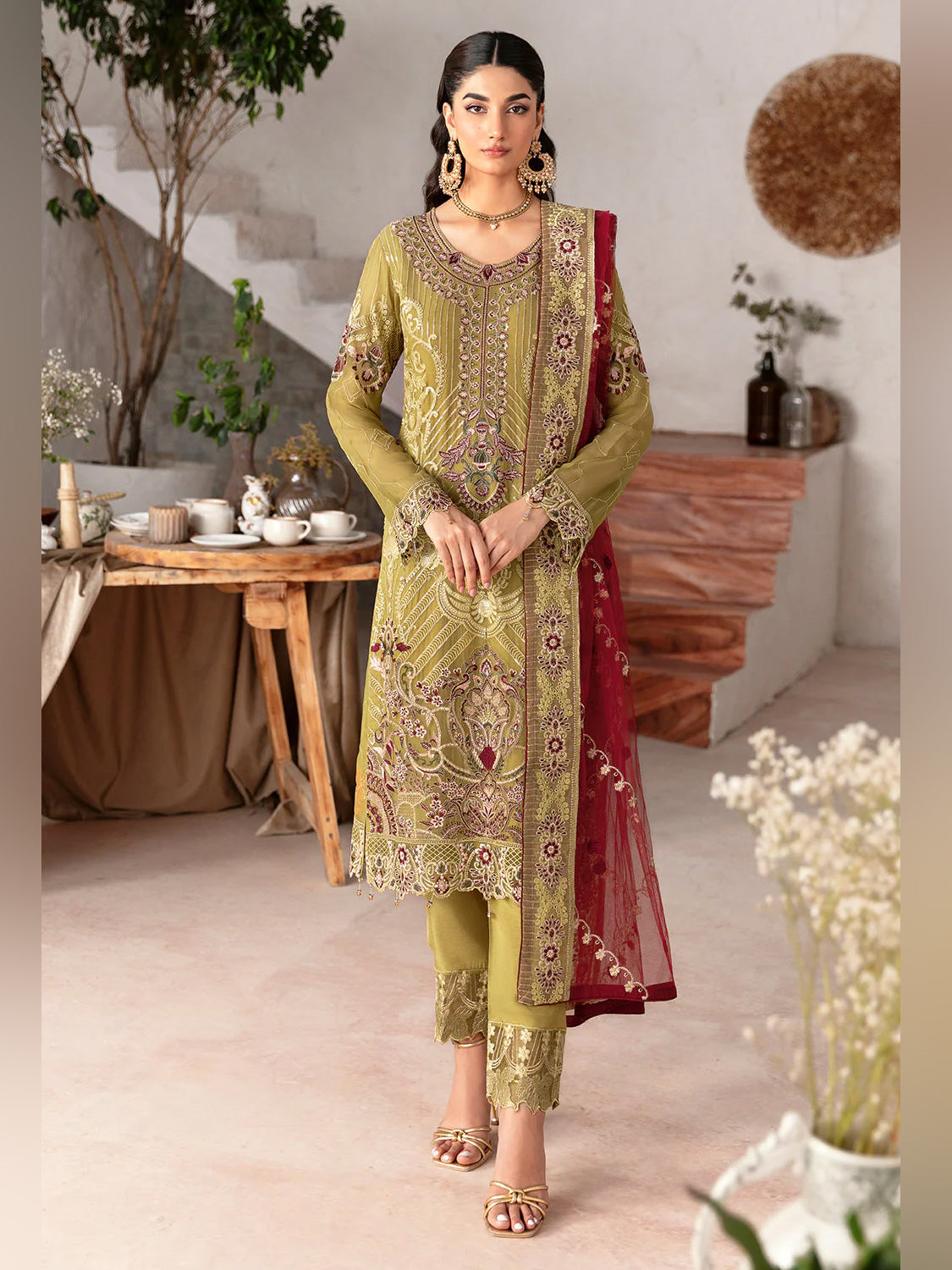 Ramsha "Rangoon" Luxury Chiffon 3-Piece Suit - Mehndi (D1203)