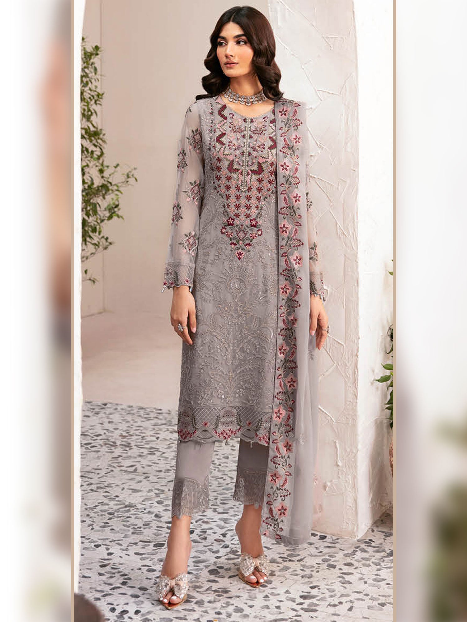 Ramsha "Rangoon" Luxury Chiffon 3-Piece Suit - Grey (D1210)