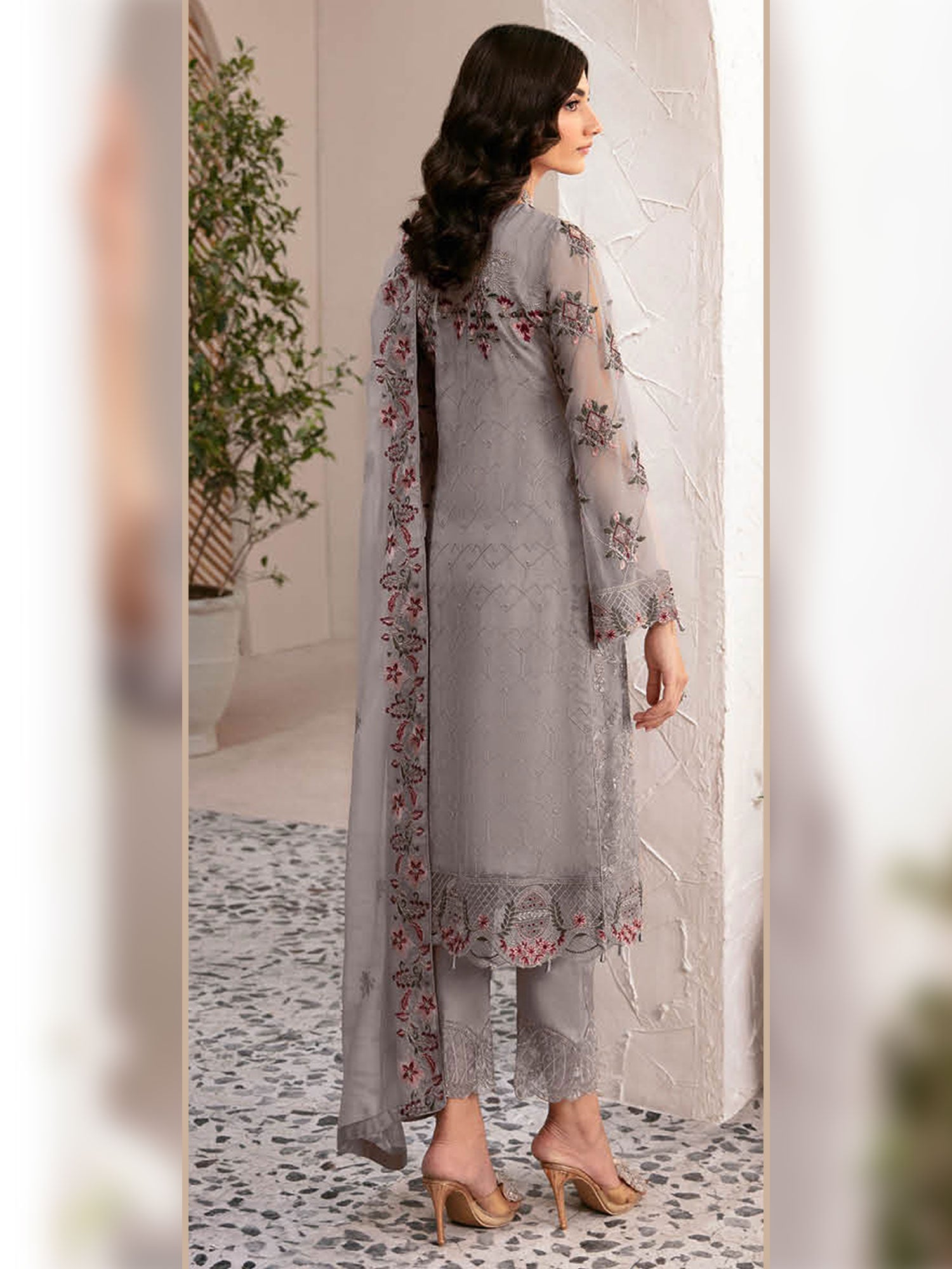 Ramsha "Rangoon" Luxury Chiffon 3-Piece Suit - Grey (D1210)