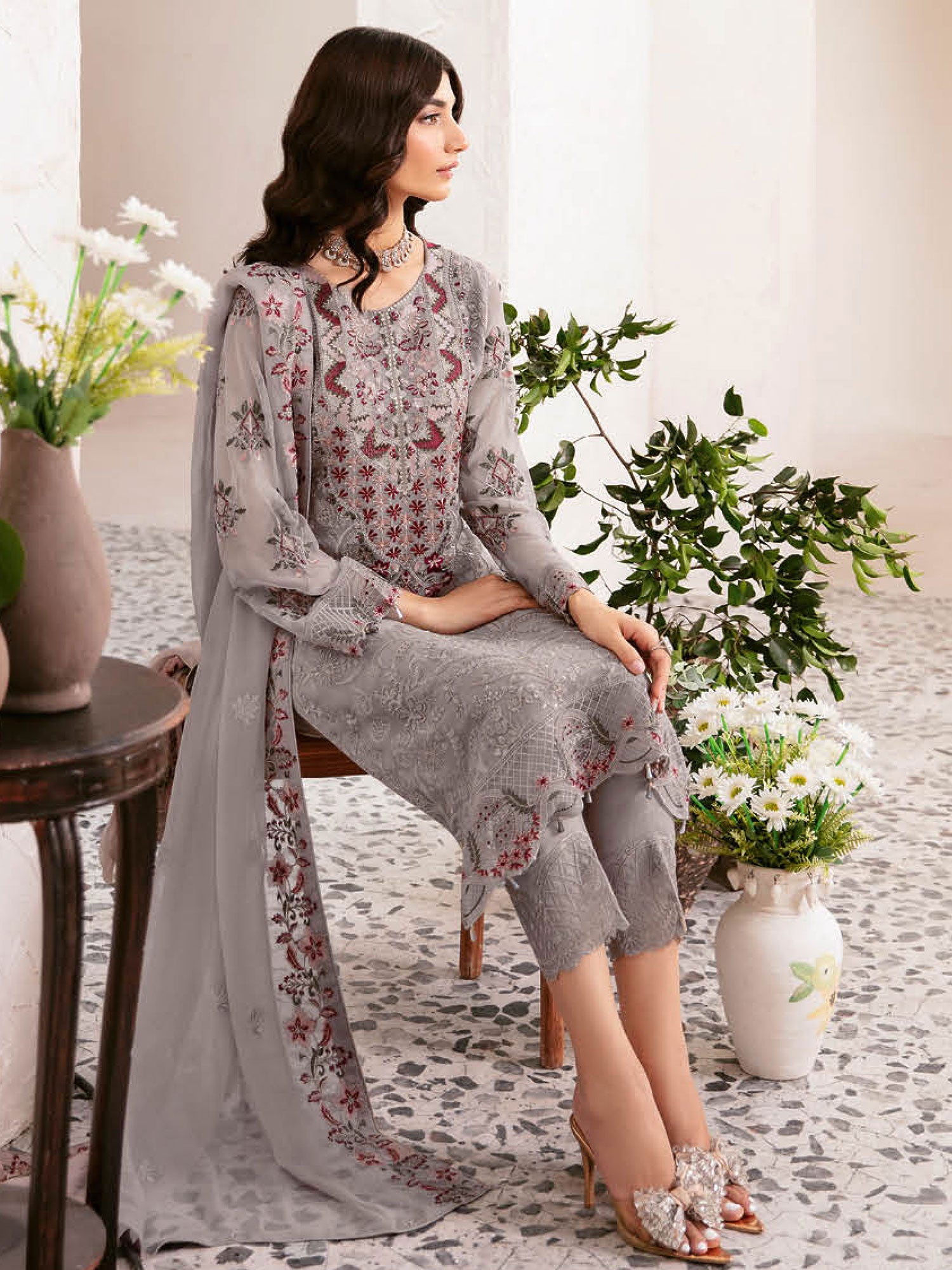 Ramsha "Rangoon" Luxury Chiffon 3-Piece Suit - Grey (D1210)