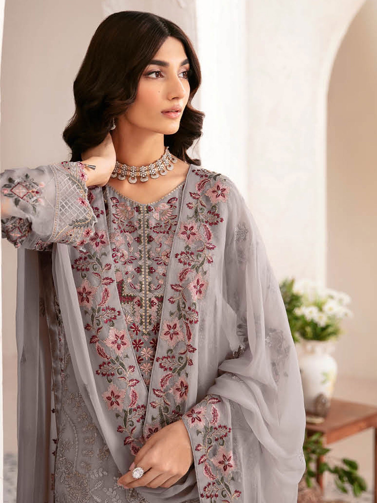 Ramsha "Rangoon" Luxury Chiffon 3-Piece Suit - Grey (D1210)