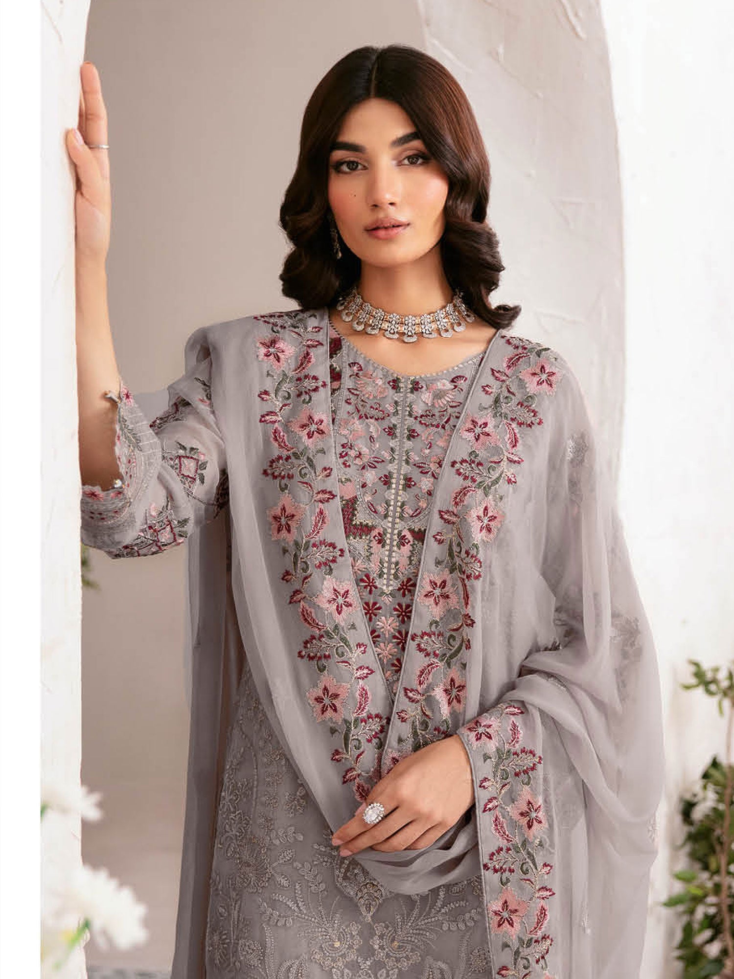 Ramsha "Rangoon" Luxury Chiffon 3-Piece Suit - Grey (D1210)