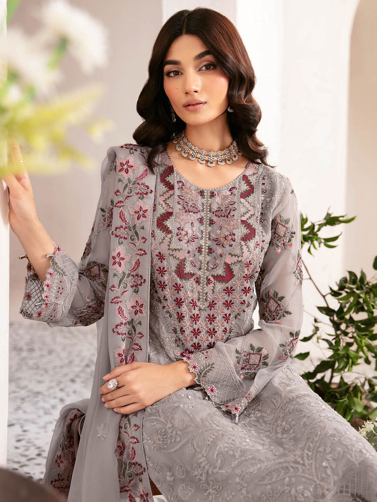 Ramsha "Rangoon" Luxury Chiffon 3-Piece Suit - Grey (D1210)