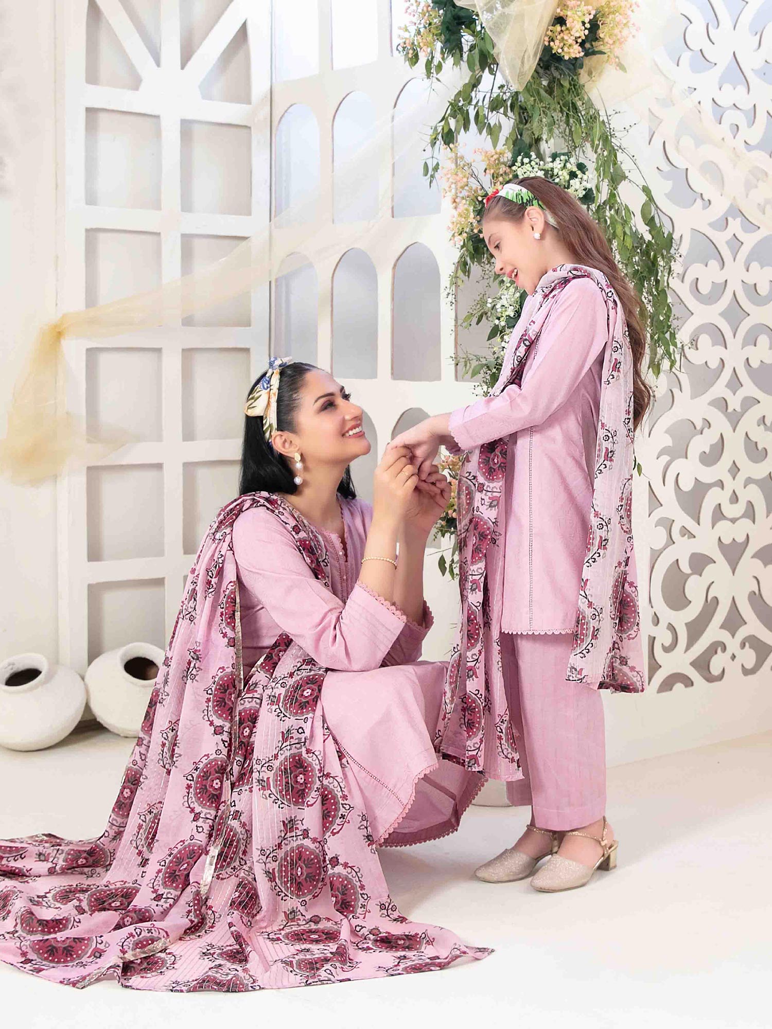 Tawakkal "Mahperi" Mother-Daughter Lawn Jacquard Suit (D1522) - Pink
