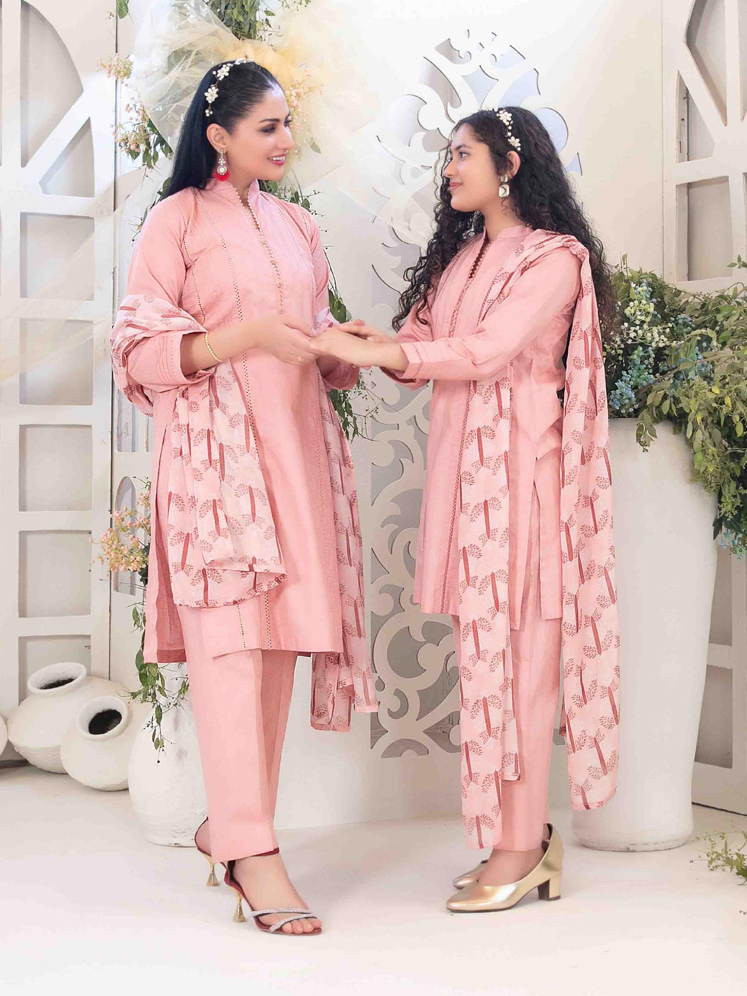 Tawakkal "Mahperi" Mother-Daughter Lawn Jacquard Suit (D1525) - Peach