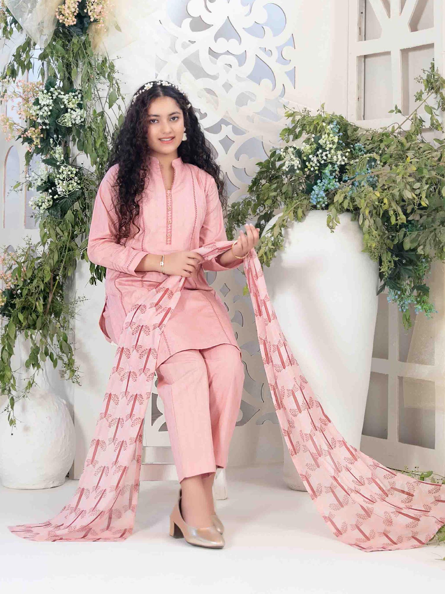 Tawakkal "Mahperi" Mother-Daughter Lawn Jacquard Suit (D1525) - Peach