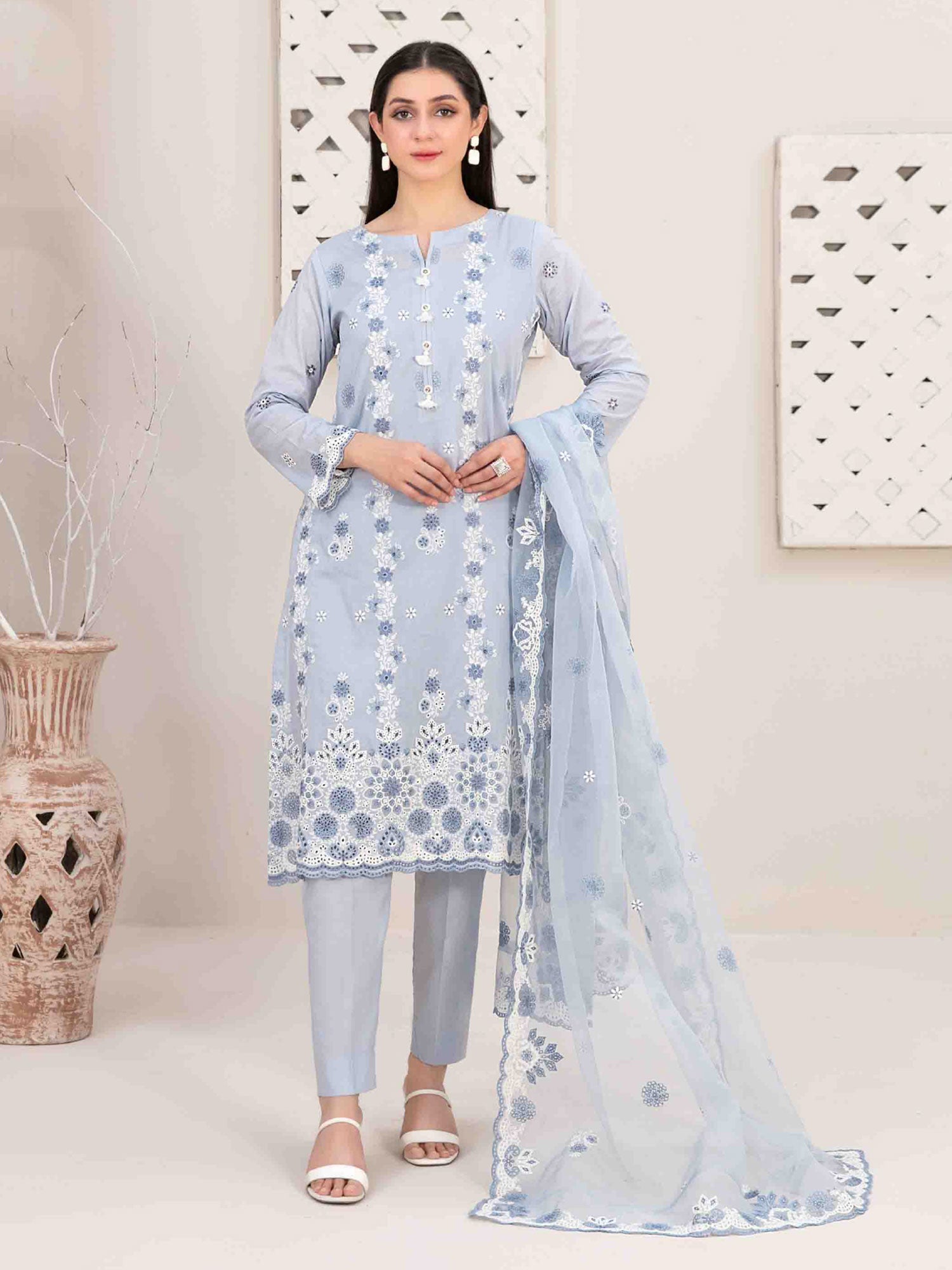 Tawakkal "Mehri" Fancy Embroidered Lawn Suit (D3071) - Blue-Grey