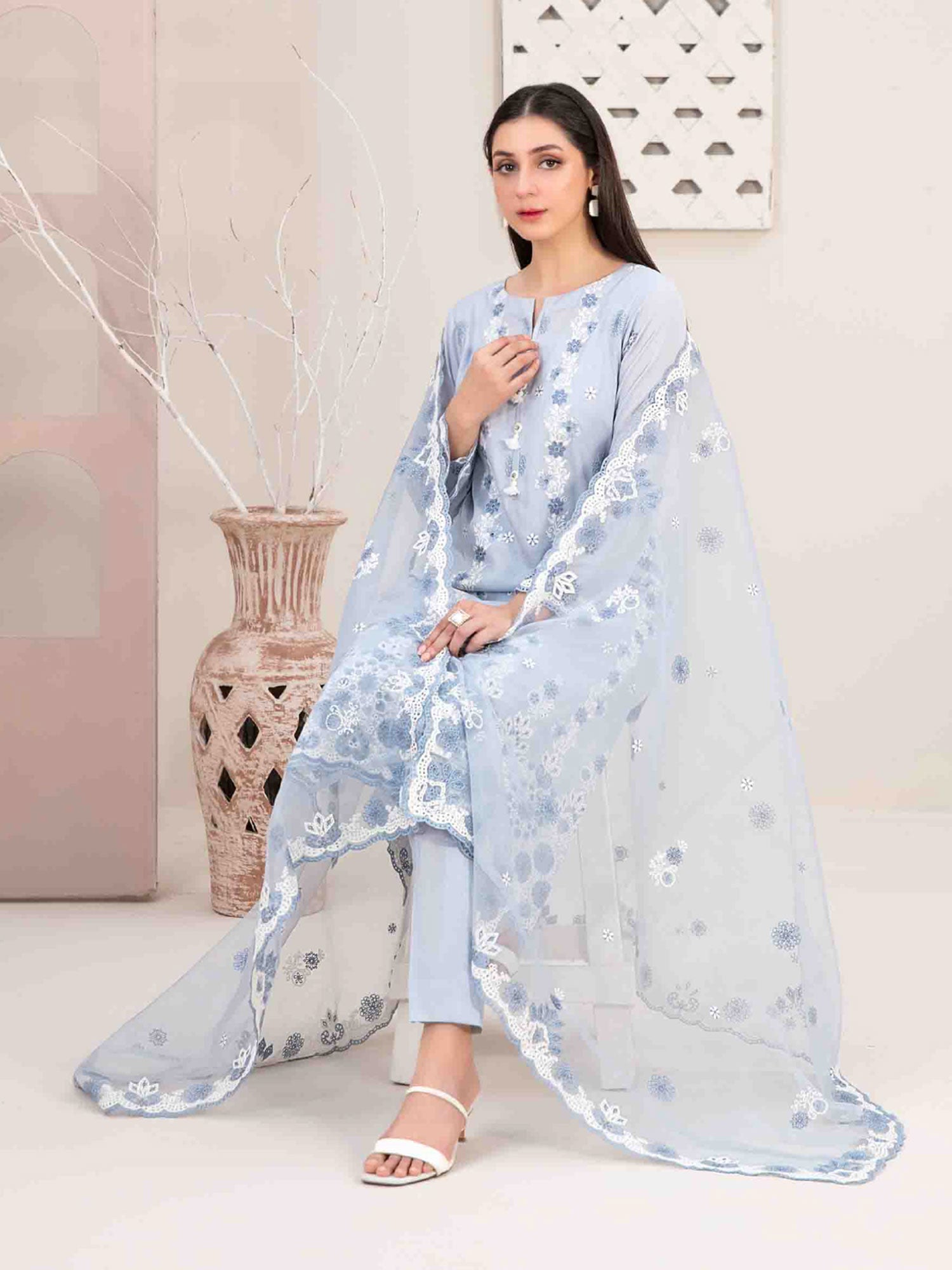 Tawakkal "Mehri" Fancy Embroidered Lawn Suit (D3071) - Blue-Grey